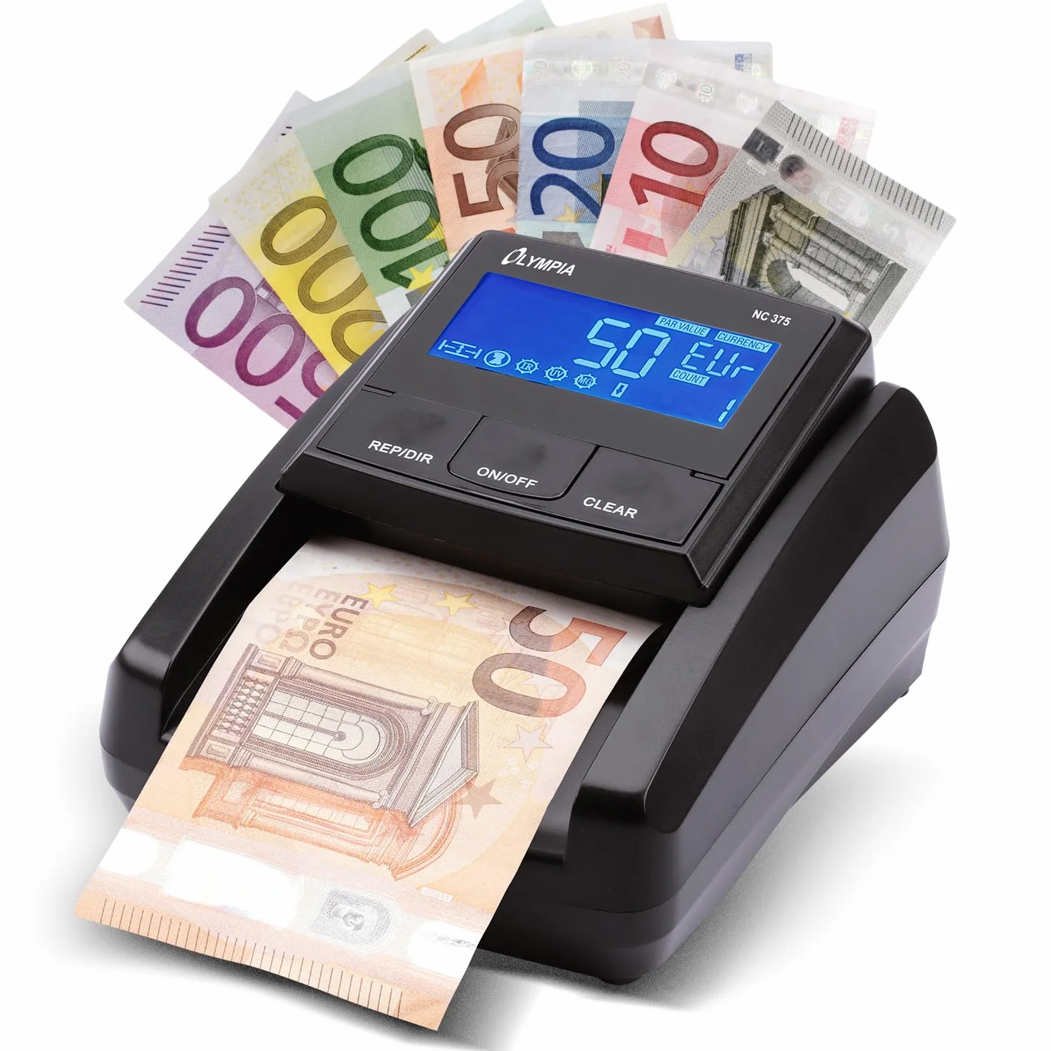 Olympia NC 375 tester banknotów z czujnikami IR MG UV licznik euro dolarów funtów wysoka prędkość kontroli LCD
