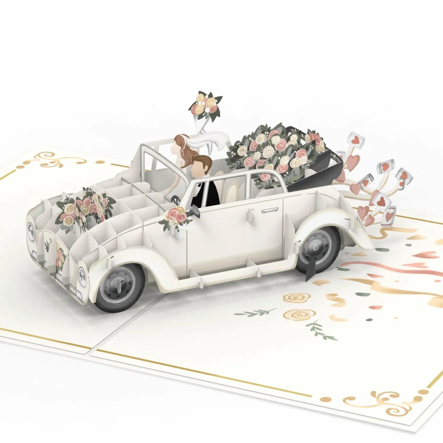 papercrush® Kartka ślubna pop-up, samochód weselny – 3D, z napisem „just married”, kartka z życzeniami z okazji ślubu, na prezent, bon na miesiąc miodowy i pieniądze