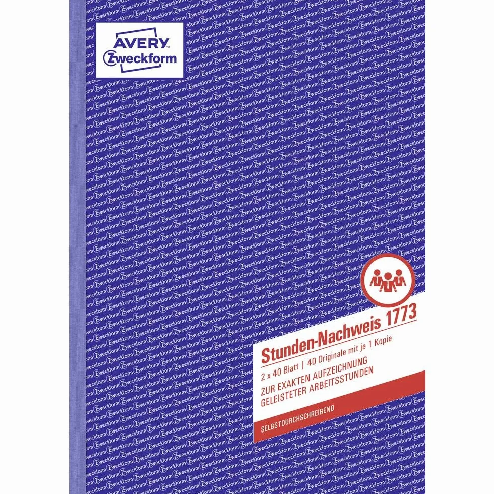 AVERY Zweckform 1773 godzinny dowód rejestracyjny (A4, samokopiujący, sprawdzony przez ekspertów prawnych, dla Niemiec i Austrii do nieograniczonego przeglądu pracowników, 2 x 40 arkuszy), biały/żółty