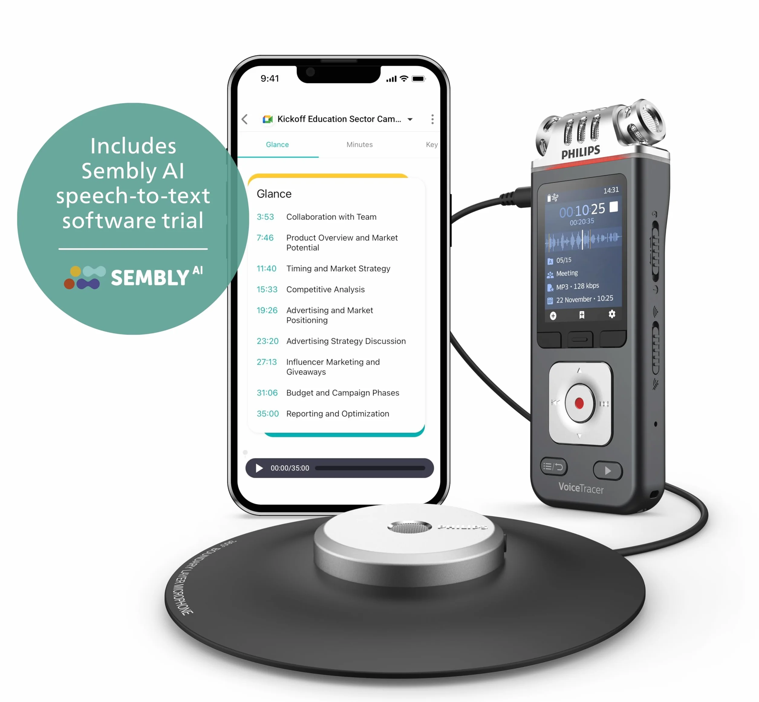 Philips DVT8115 dyktafon spotkań 360° z funkcją rozpoznawania głosu Sembly