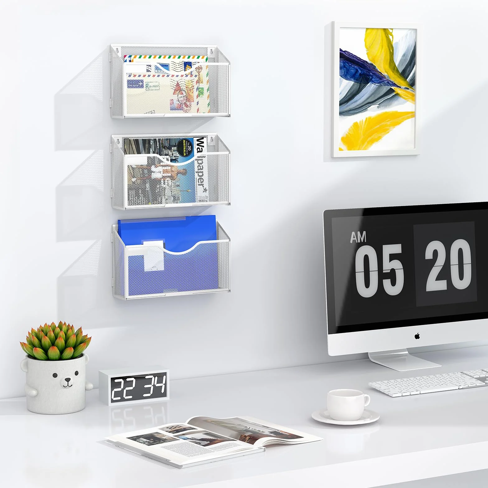 EasyPAG Uchwyt Ścienny na Dokumenty A4 3 Kieszenie Poziomy Metal Siatka,Ścienny Stojak na Pocztę,Wiszący Organizer na Dokumenty,Przechowywanie Czasopism z Tabliczka do Biura & Domu,Biały