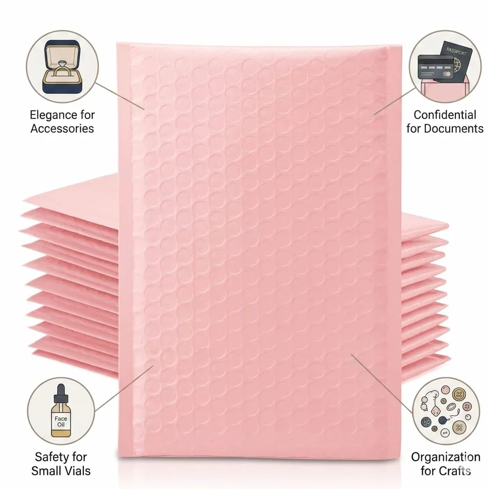 Switory 50 szt. Poly Bubble Mailers, 10,2 x 17,7 cm wyściełane koperty z podszewką bąbelkową torby polimerowe do wysyłki opakowań wysyłkowych samouszczelniające, jasnoróżowe (rozmiar zewnętrzny: 10,2