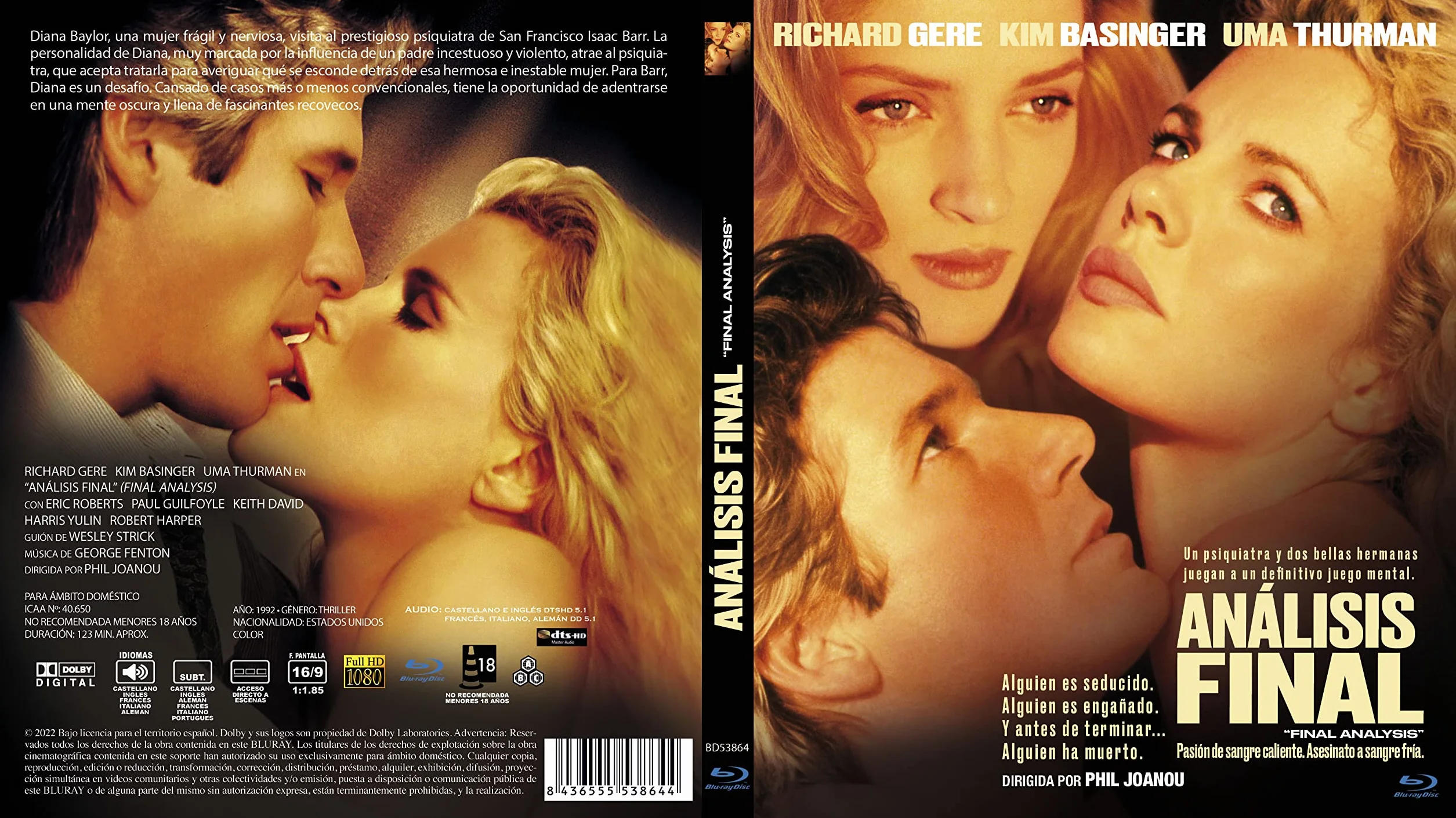Analiza końcowa 1992 Blu-ray Hiszpania Import Język angielski Richard Gere Kim Basinger Uma Thurman