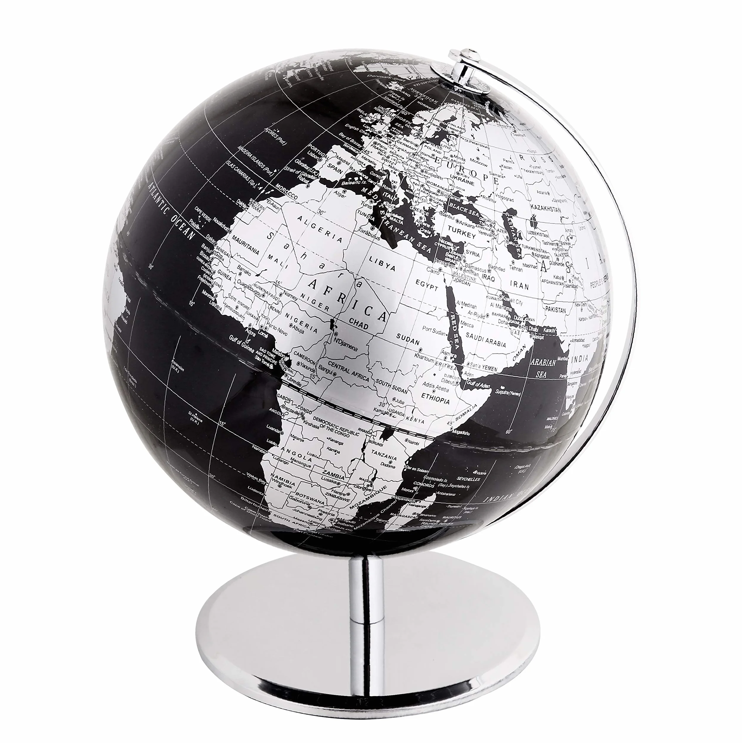 Globus światowy 25 cm z metalową podstawą - edukacyjny geograficzny globus Ziemi, metaliczny czarny