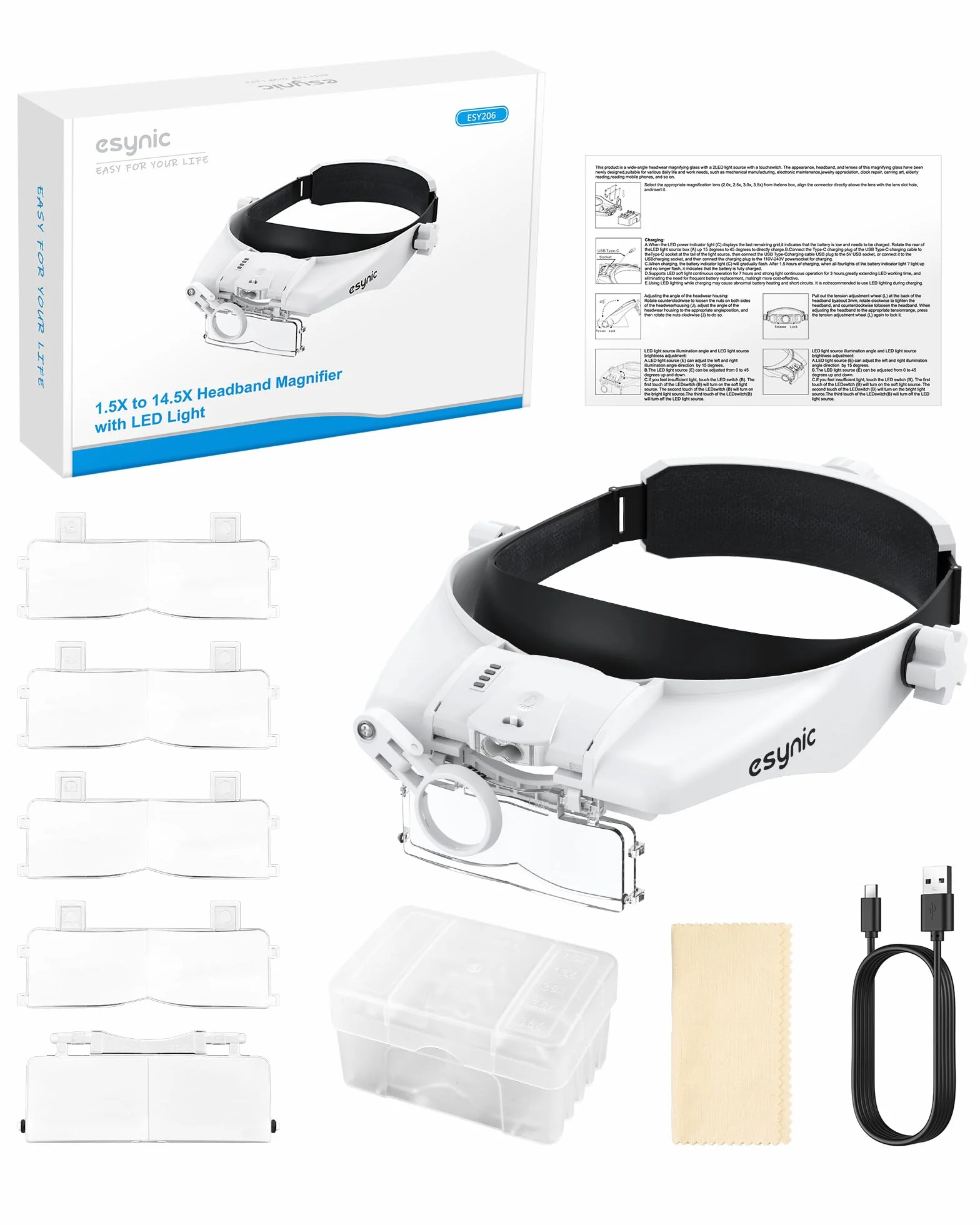 eSynic Okulary powiększające z oświetleniem LED-kask lupa czołowa szklarnia-5 odpinanych soczewek (1,5X, 2,0X, 2,5X, 3,0X, 3,5X) wszystkie precyzyjne prace, naprawy, szycie, biżuteria
