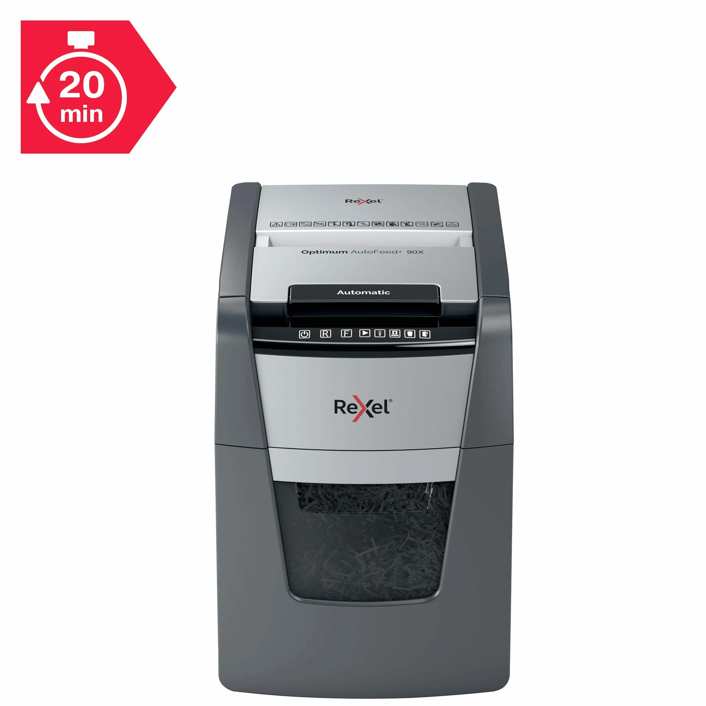 Rexel Optimum Auto Feed+ Automatyczna Niszczarka do Papieru, 90 Arkuszy, Bezpieczeństwo P-4, Tnie na Konfetti, do Domowego Biura, Pojemność 34 L, 2020090X