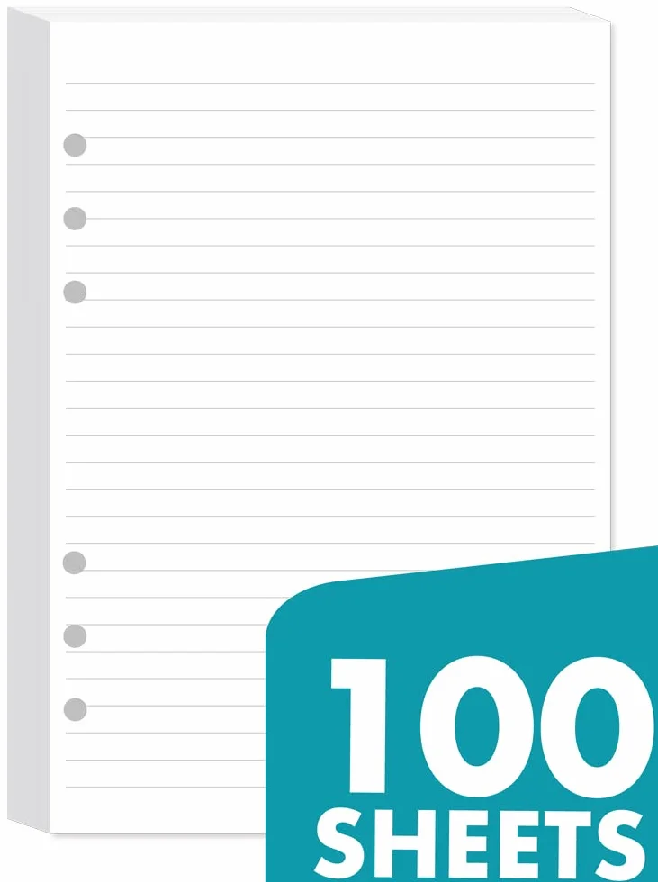 A5 Papier w linię (łącznie 100 arkuszy) 6 dziur, papier uzupełniający do Filofax A5, 14,5x21 cm
