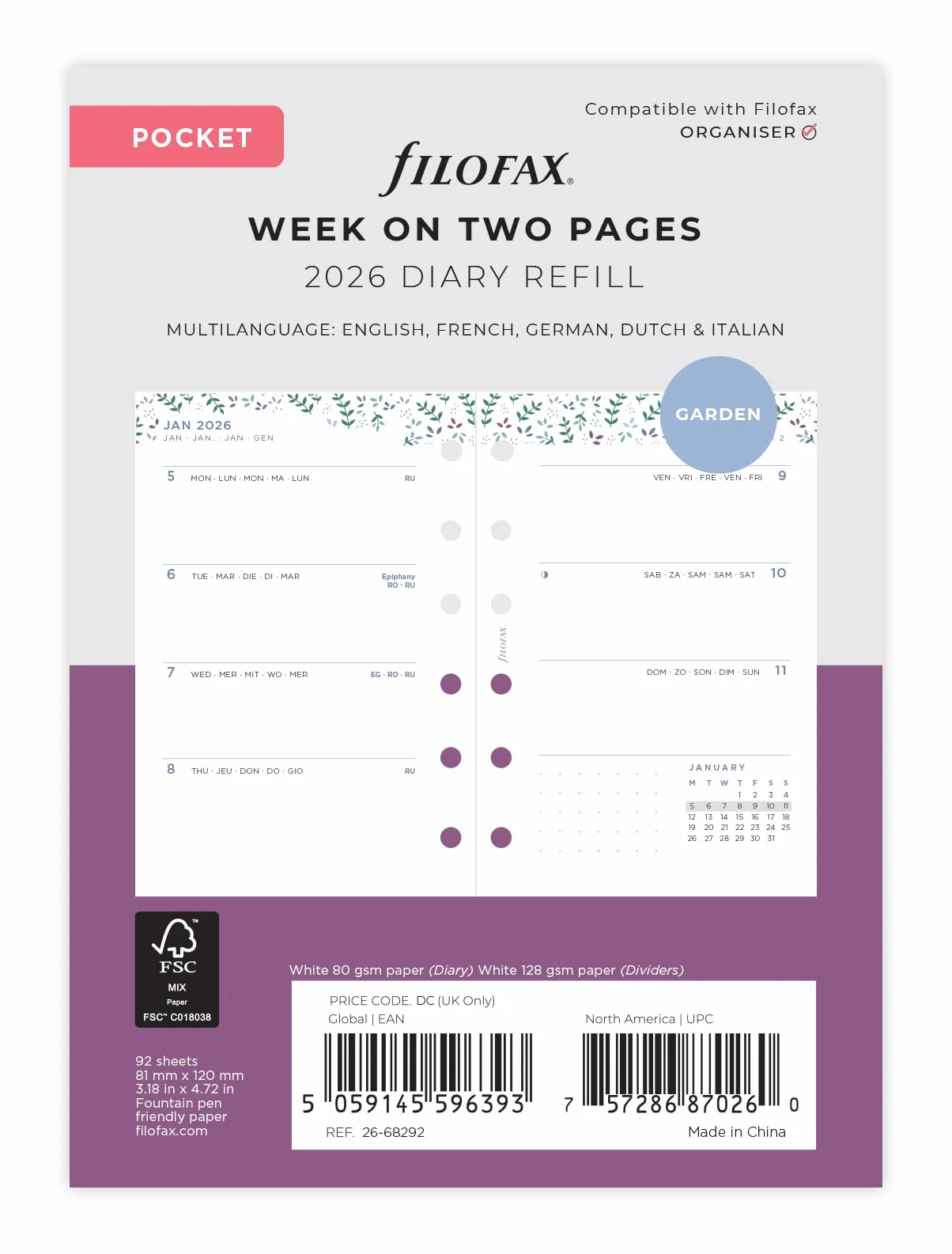 Filofax Pocket Garden tydzień do wyświetlenia 2026 dziennik 26-68292