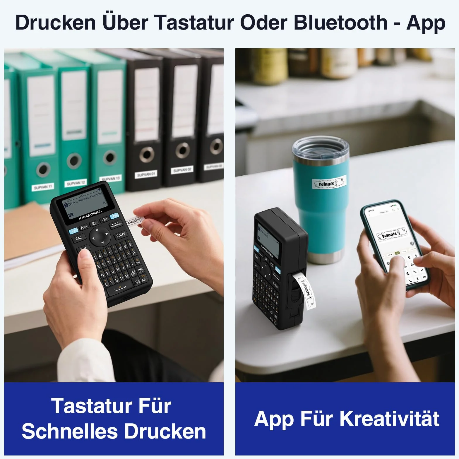 SUPVAN E11 Label Maker Machine Bluetooth with German QWERTZ Keyboard, 2 rolls continuous labels and 2 Rolls Fixed-Size Labels