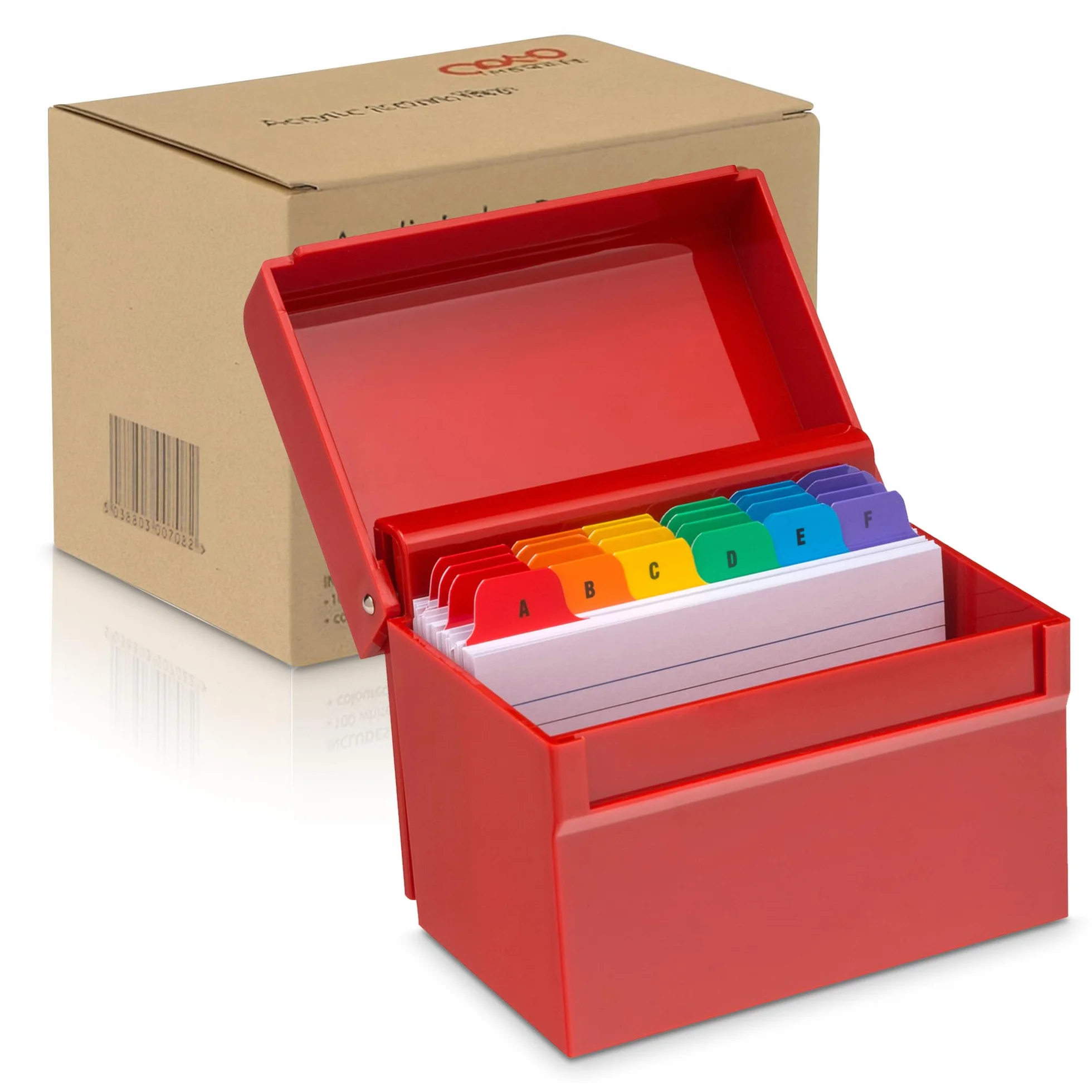 OSCO Czerwony o wysokim połysku, średnie (15 cm x 10 cm), pudełko indeksowe, zakładki od A do Z, 100 kartek w linie i przekładki od A do Z - obie w zestawie bezpłatne, fiszki do wersji, deklaracja
