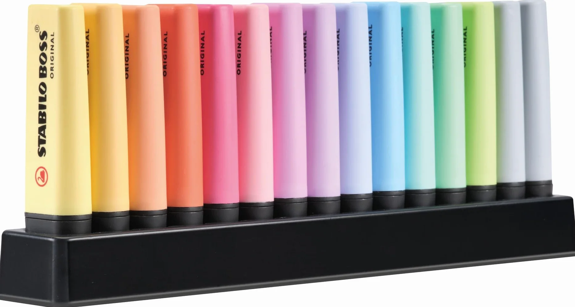 Zakreślacz - STABILO BOSS ORIGINAL Pastel zestaw 15 sztuk na podstawce (14 kolorów, 2*mglisty szary)