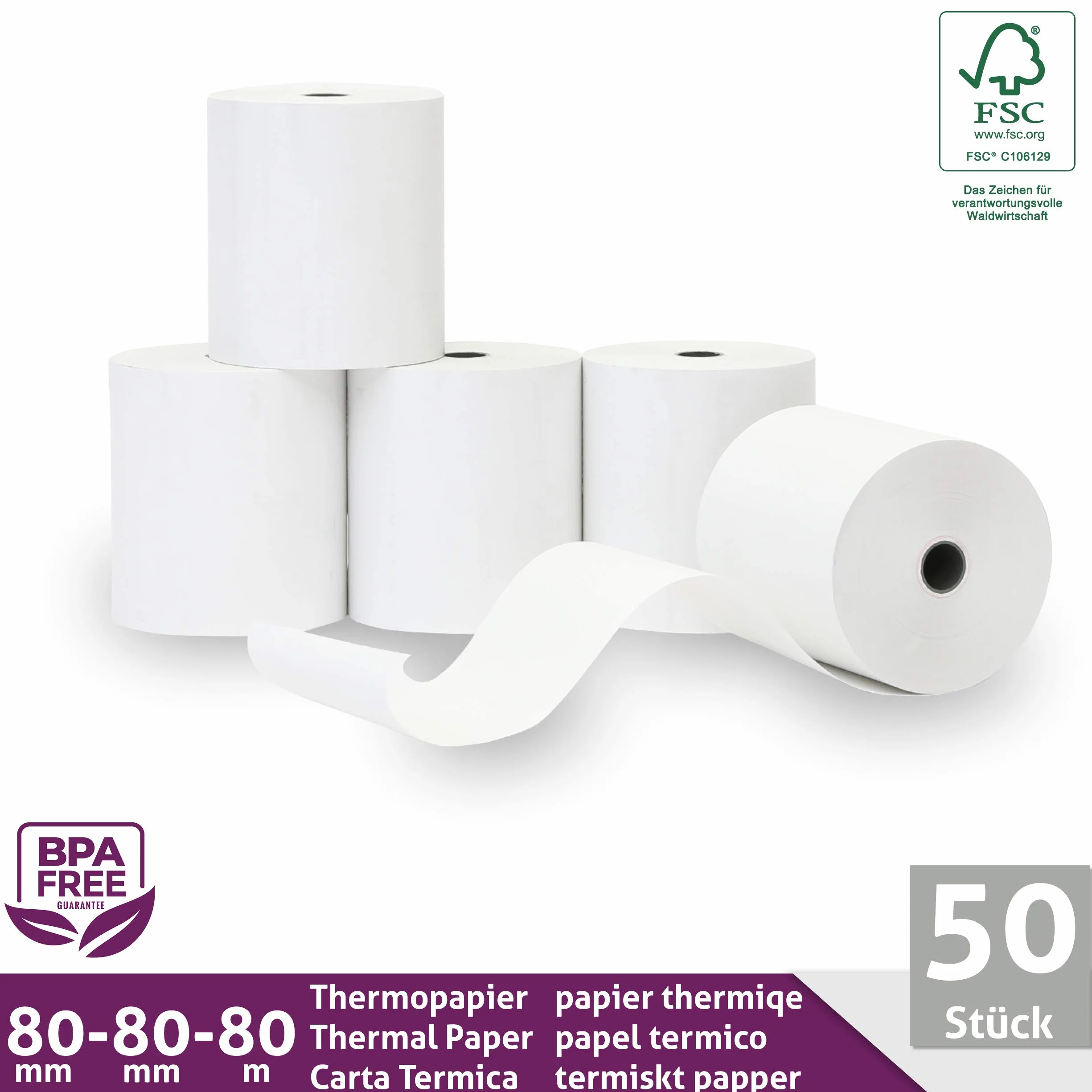 LYNNE - Rolka termiczna 80x80x12 - szpula 80x80 do drukarki - Rolka drukarki termicznej 80 mm x 80m x 12 mm - bez BPA - [50x]