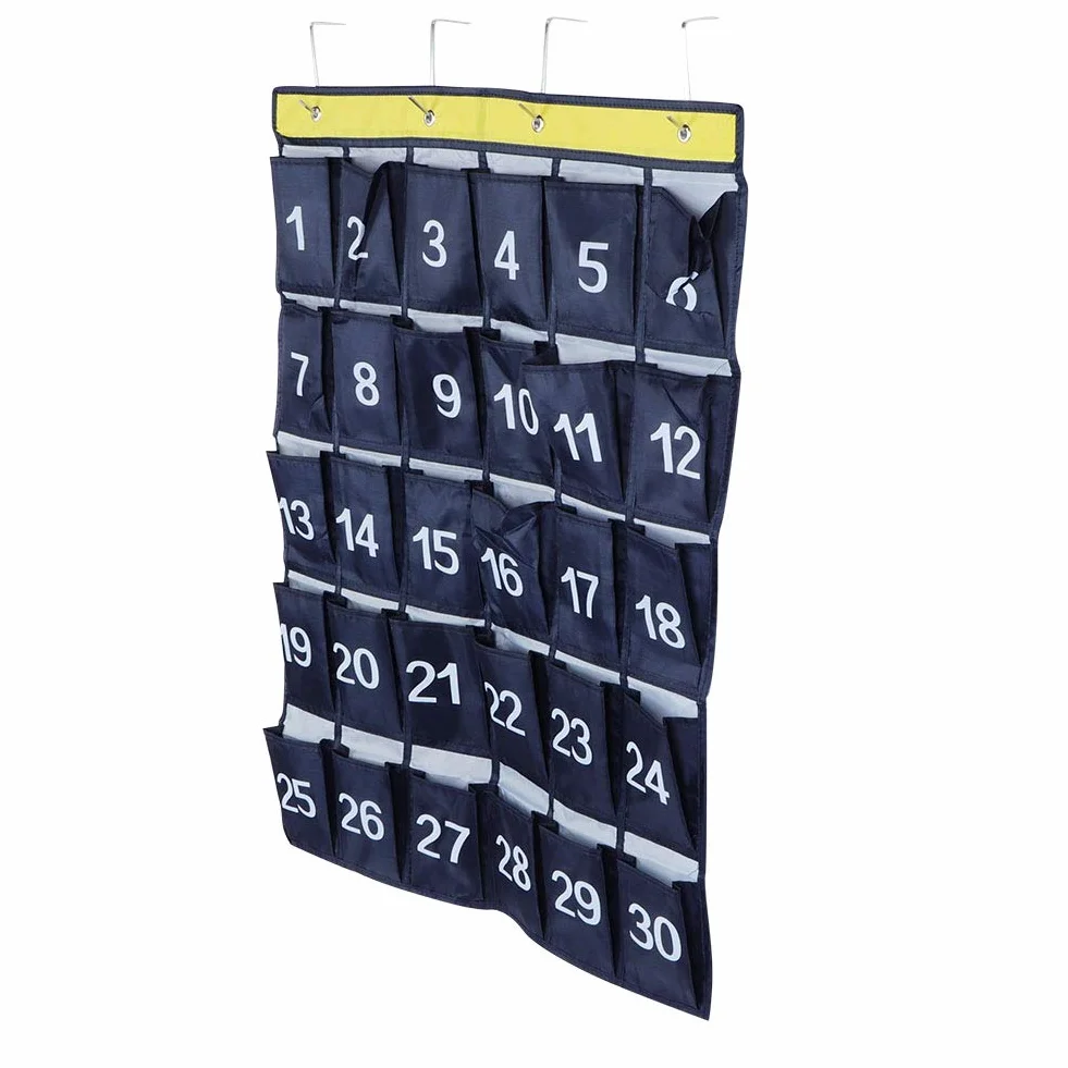 Numerowana torba do przechowywania w klasie, 30 kieszeni Wiszący organizer kieszeni Torby do przechowywania w szkole Wykresy z 4 metalowymi haczykami do kalkulatora w klasie i uchwytu na telefon komórkowy, granatowy