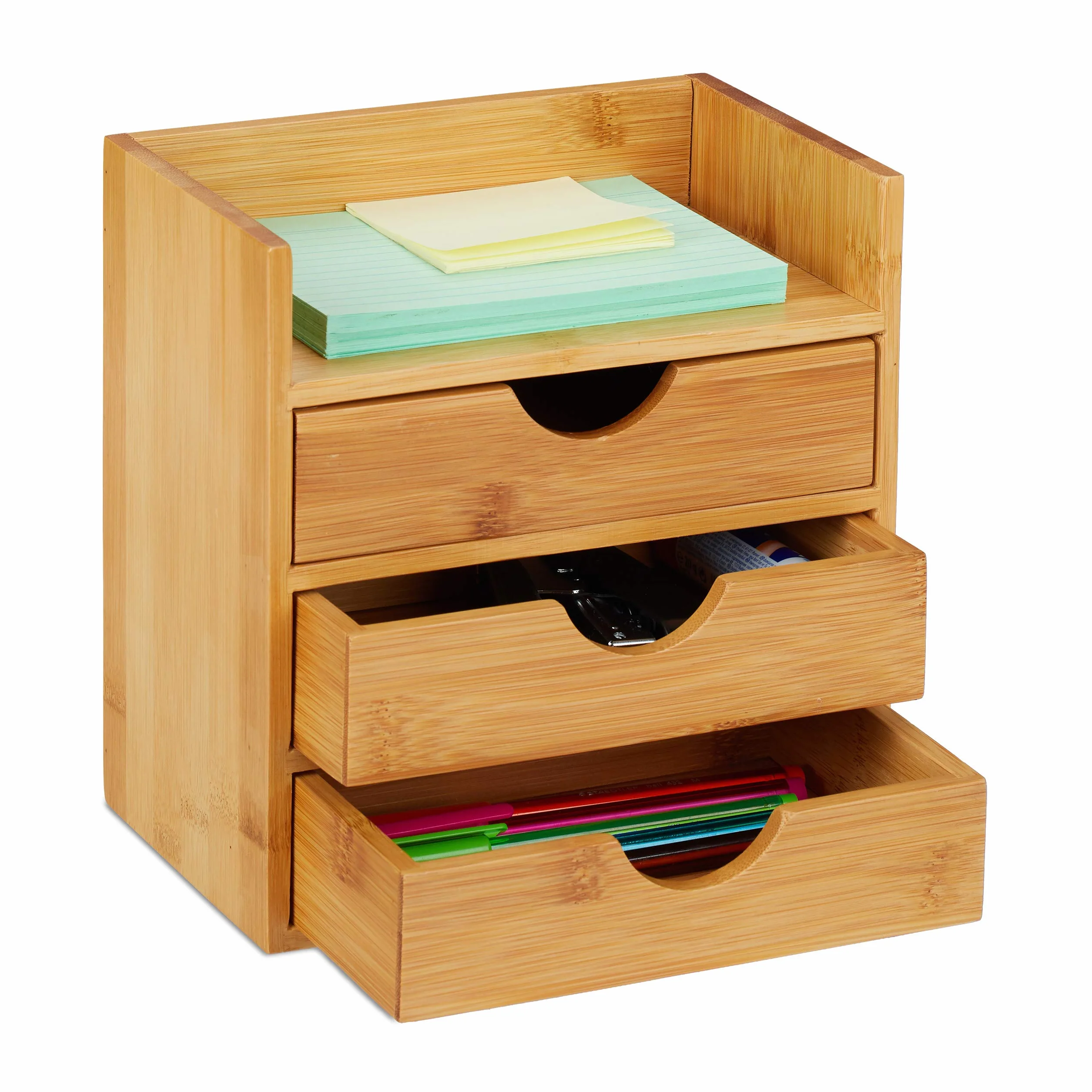 Relaxdays Naturalny organizer na biurko, półka, 3 szuflady, na przybory biurowe, bambusowe pudełko z szufladami, wys. x gł.: 21 x 20 x 13 cm, 1 sztuka