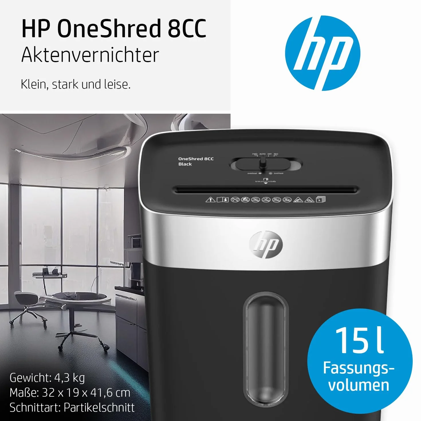 HP OneShred 8CC Black niszczarka dokumentów, poziom bezpieczeństwa P-4, Cross Cut, 8 arkuszy, 2826, czarny/srebrny, cięcie cząstek
