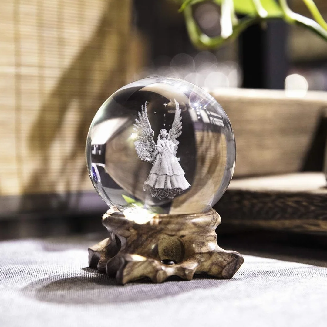 HDCRYSTALGIFTS figurki 3D, anioł, kryształowa kula, pełna kula, grawerowana laserowo, przycisk do papieru, dekoracja domu, rzemiosło artystyczne (przezroczysta)