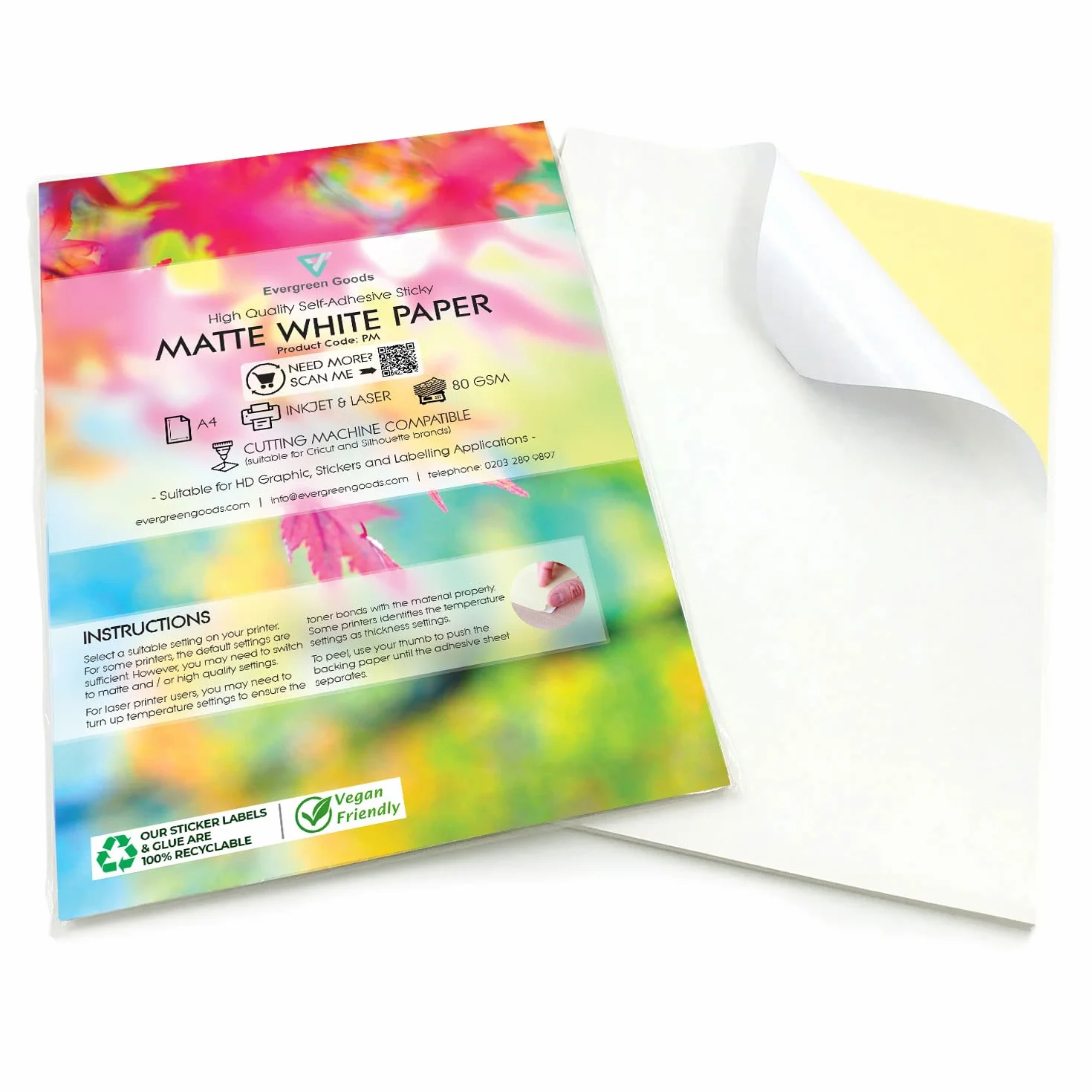 Evergreen Goods Ltd 50 arkuszy A4, biały, samoprzylepny matowy papier do naklejek, trwały papier fotograficzny do drukarek atramentowych i laserowych, samoprzylepny papier do drukowania z tyłu,