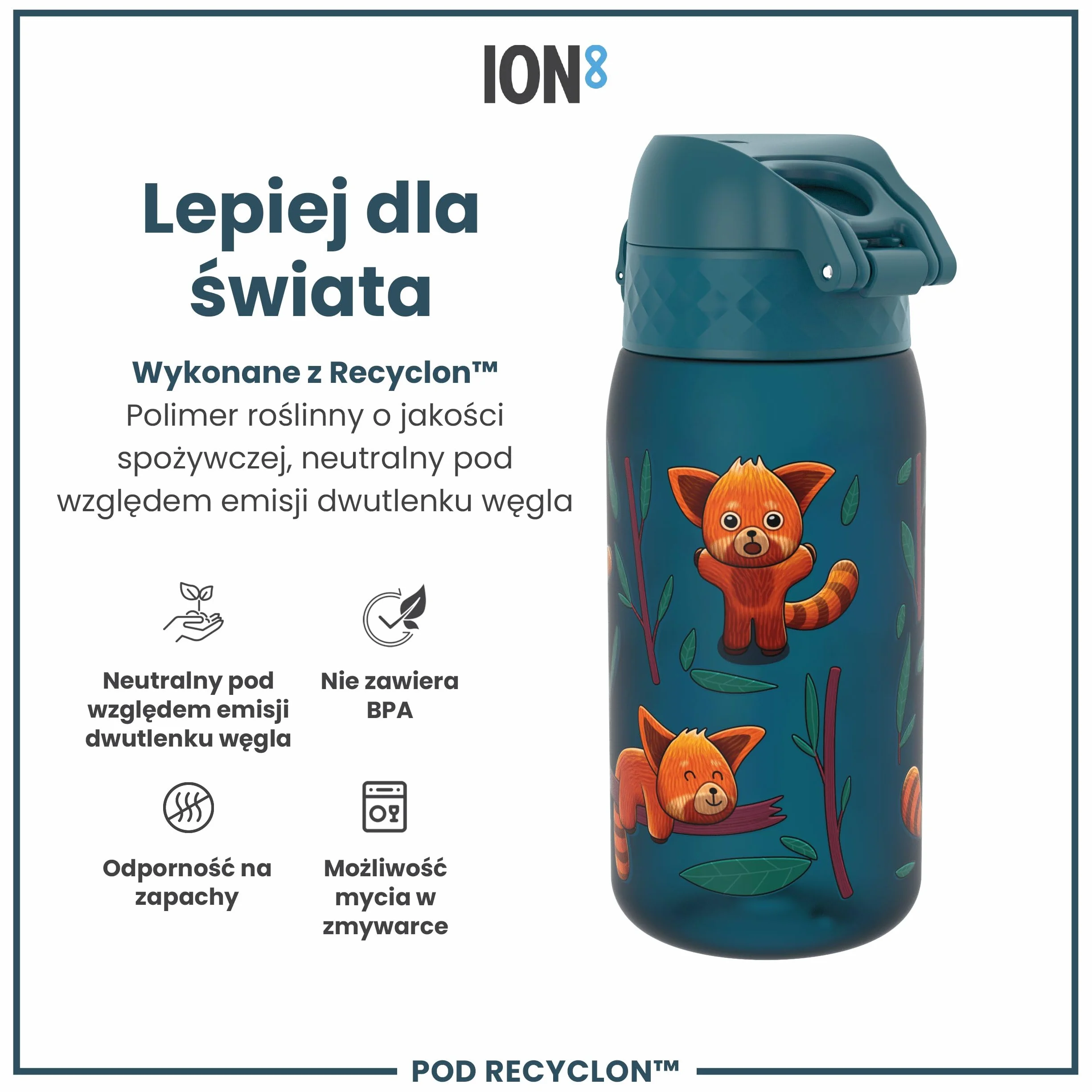 ION8 Butelka dla Dzieci, 350 ml/12 oz, Szczelna, Łatwa do Otwarcia, Bezpieczny Zamek, Można Myć w Zmywarce, Bez BPA, Uchwyt do Przenoszenia, Łatwa do Czyszczenia, Bezwonny, Czerwone Pandy