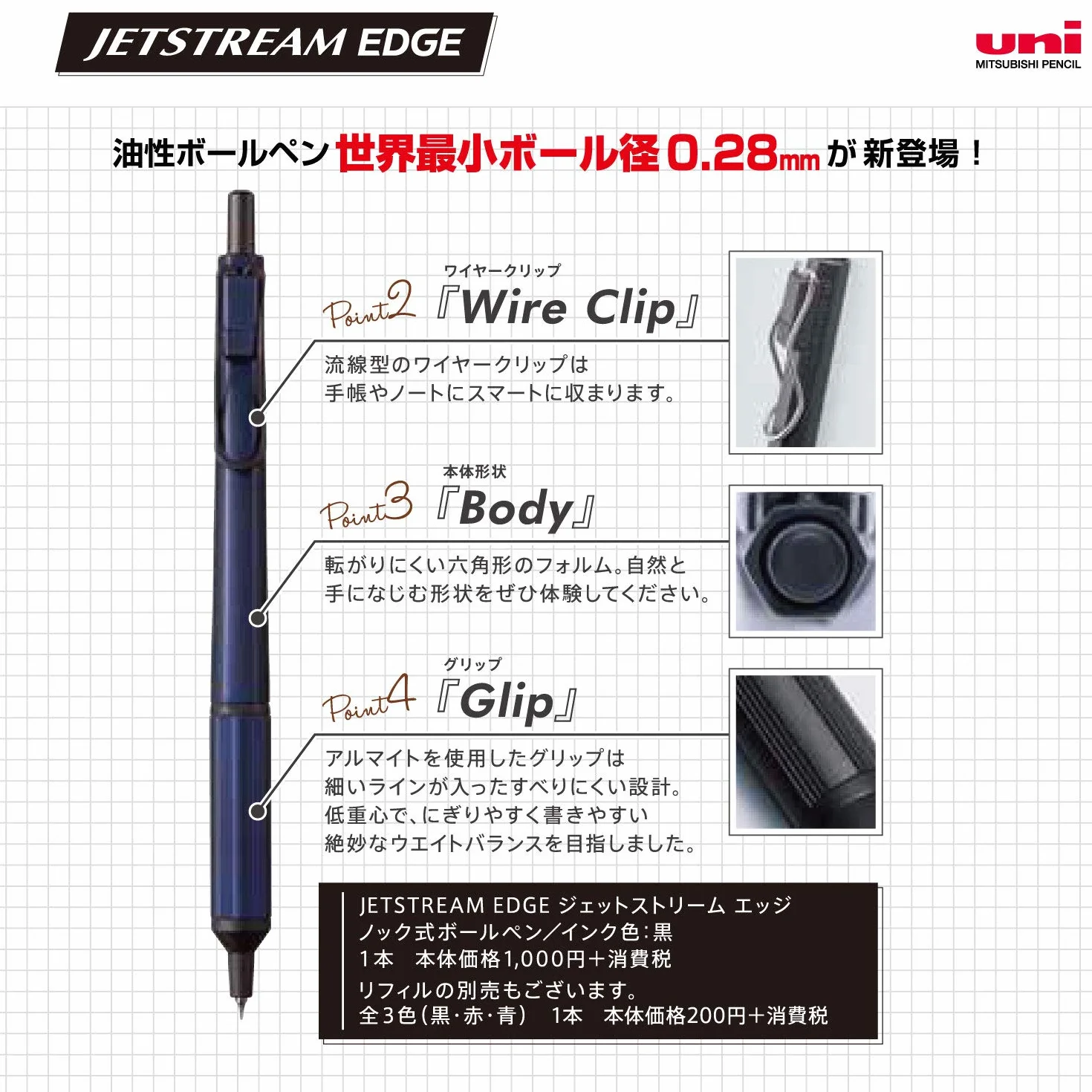 Uni Jetstream EDGE 0,28 mm długopis na bazie oleju czarny korpus (SXN100328.24)