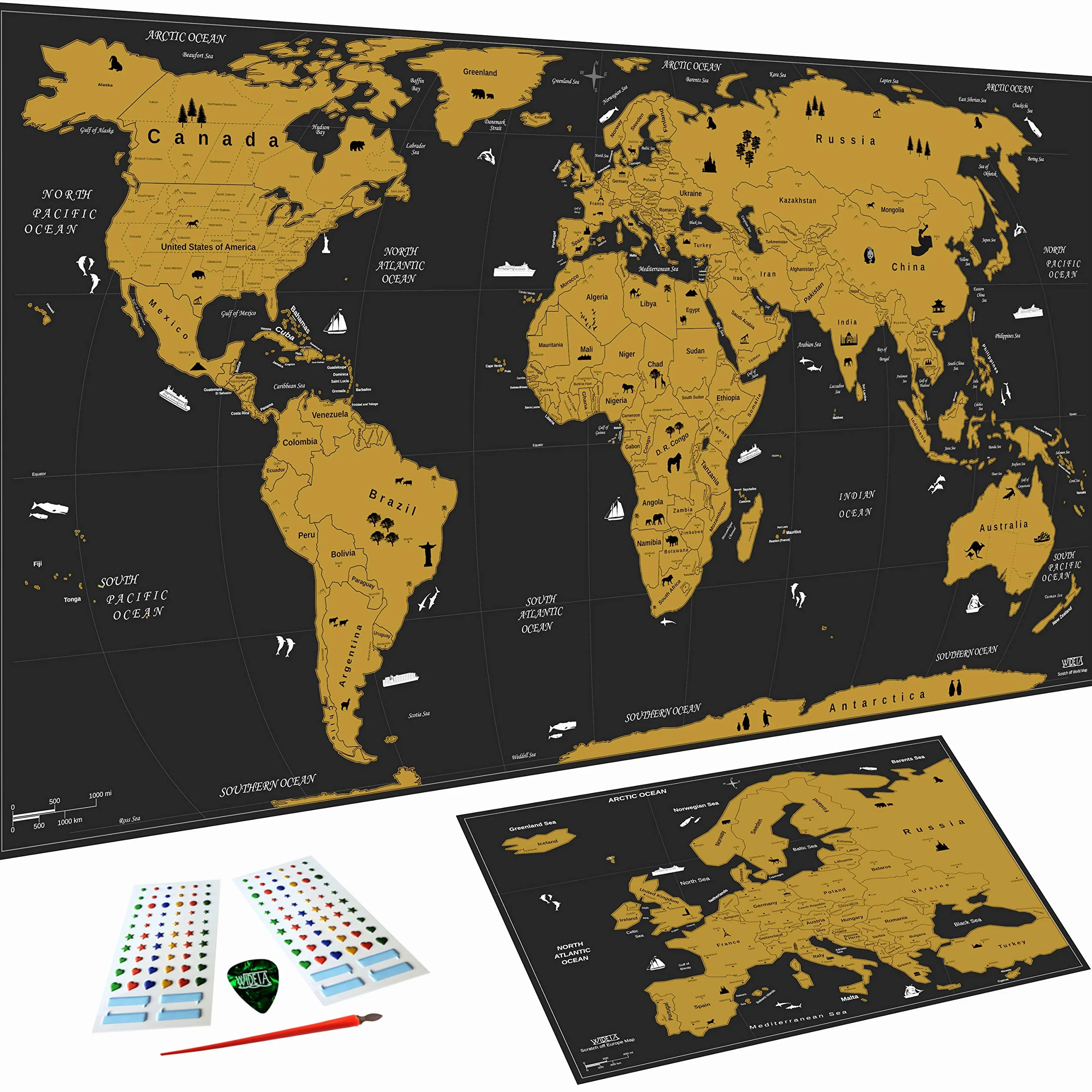 WIDETA mapa świata zdrapywania 82 x 43 cm z mapą Europy