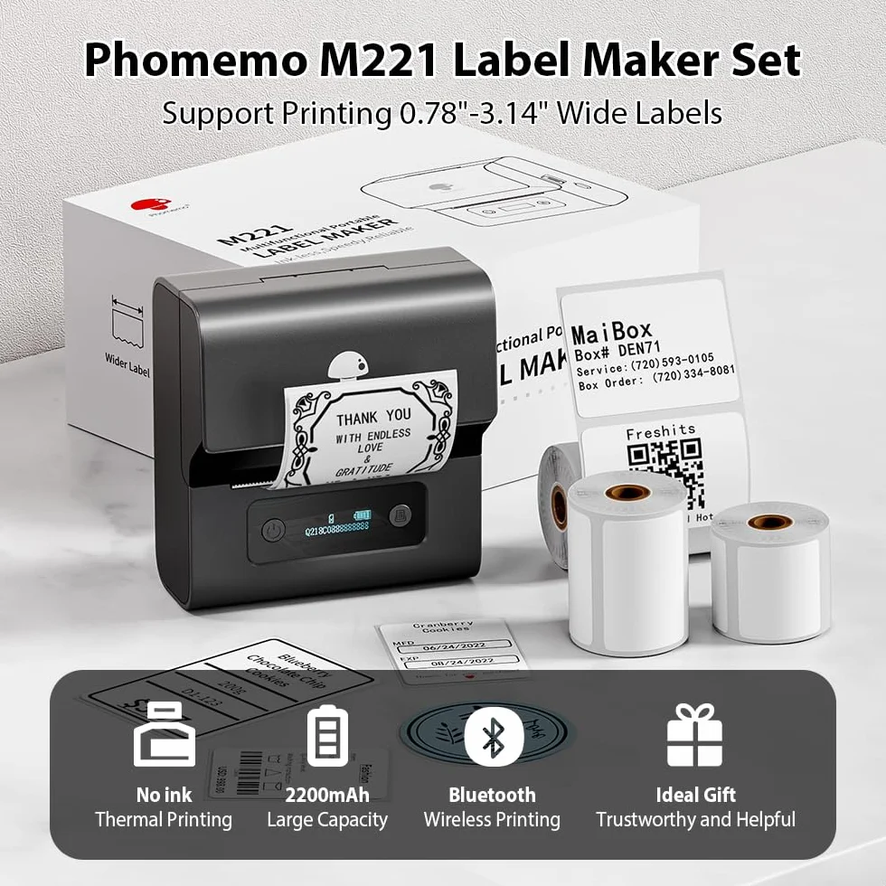 Phomemo M221 drukarka etykiet z 3 rolkami etykiet - Bluetooth drukarka etykiet, termiczna label printer do kodów kreskowych, sprzedaży detalicznej, zdjęć,odzieży,do systemów PC Android i iOS,Szara