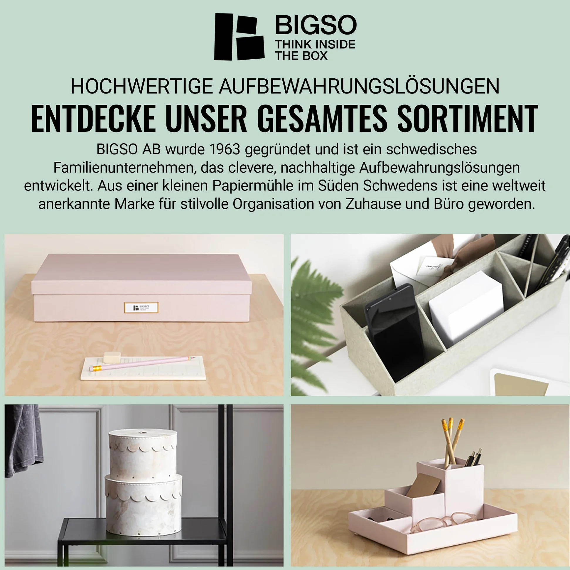 Bigso Box of Sweden JOHAN Pudełko z pokrywką – stylowe pudełko archiwalne z 8 zawieszanymi skoroszytami – pudełko na teczki wiszące z płyty pilśniowej i papieru o stylowym wyglądzie lnu, miętowa