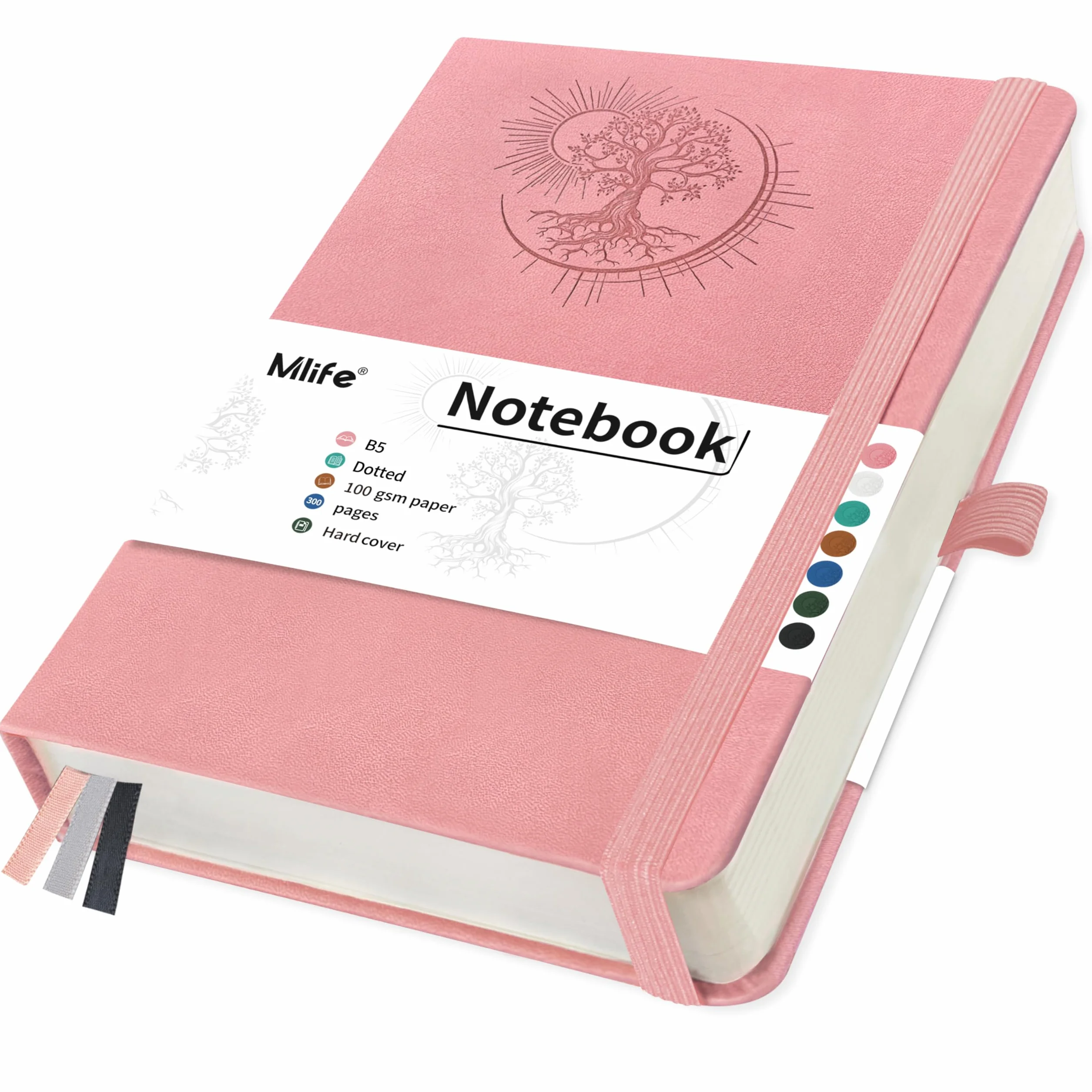 Mlife Notatnik B5 W Kropki Z Motywem Drzewa Życia, 300 Stron, Papier W Kropki 100 G/M2, Okładka Z Poliuretanu, Gumka, Uchwyt Na Długopis, 3 Zakładki, 19,5 X 25,5 Cm (Różowy)