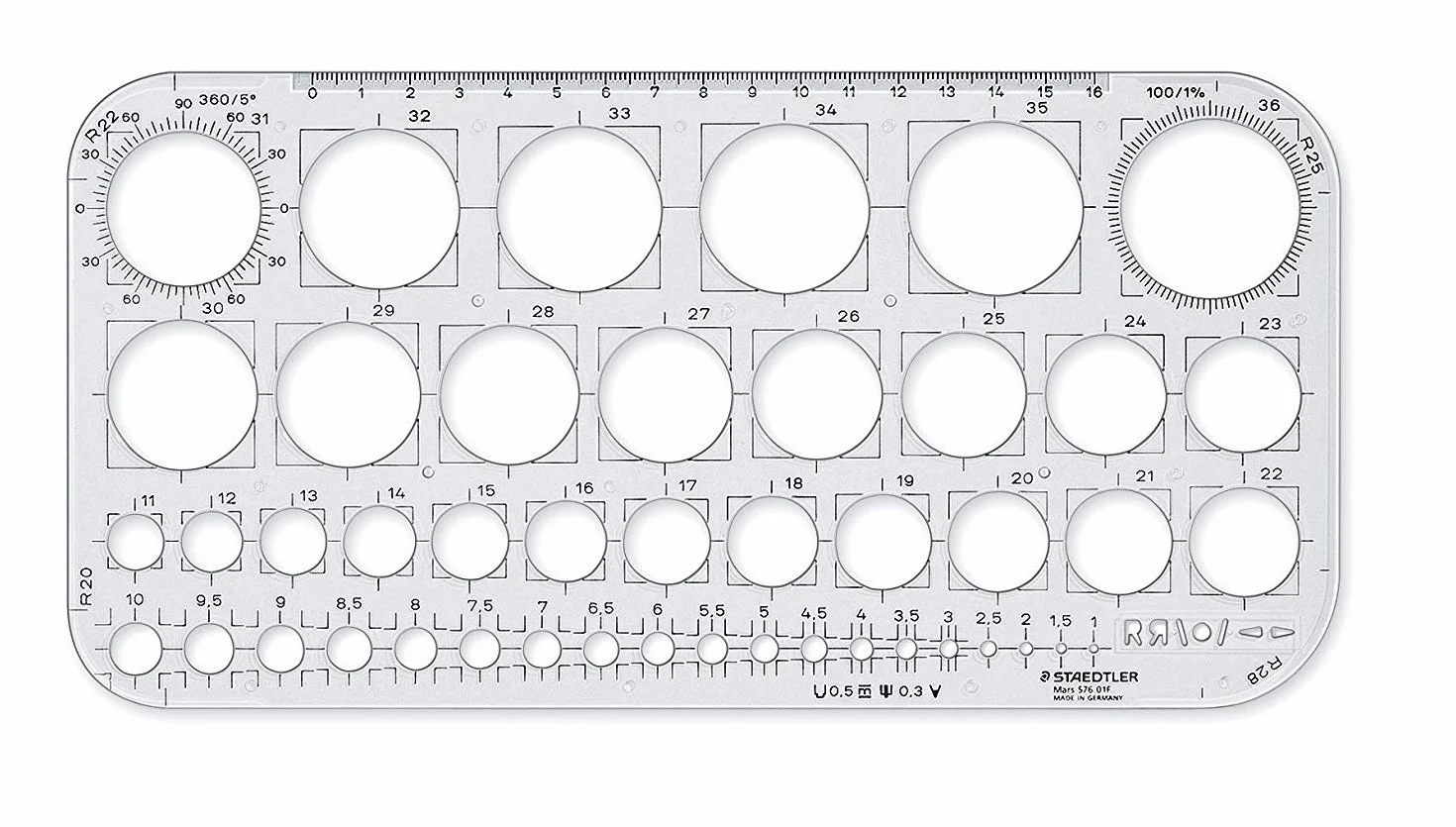 STAEDTLER Szablon okrągły Mars, przezroczysty, do kół 1-36 mm, w odstępach 0,5 mm i 1 mm, 576 01 F