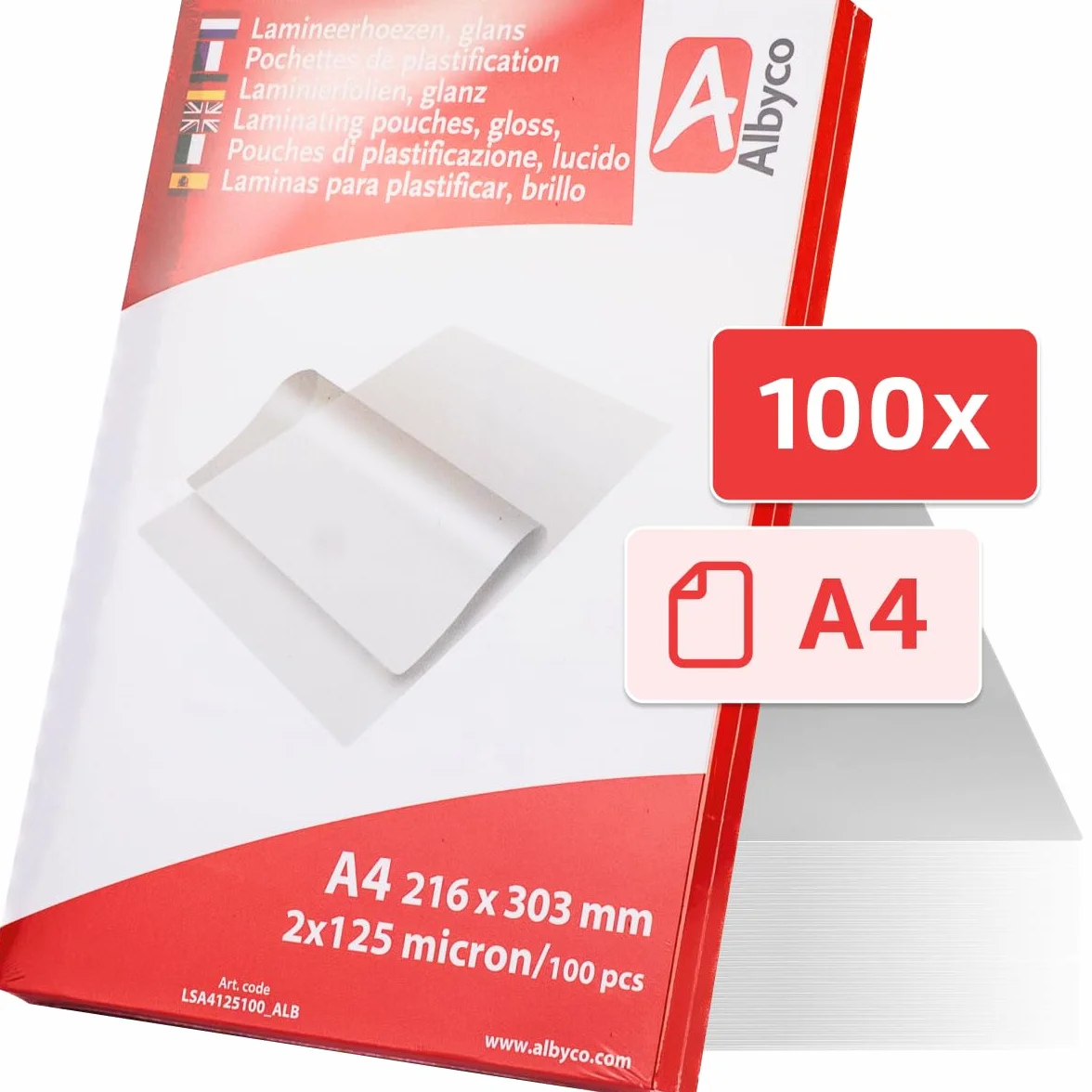 Albyco - Folia do Laminowania A4-250 Micron, Laminarka Folie, 100 Sztuk, 2x125 Mic, Błyszcząca