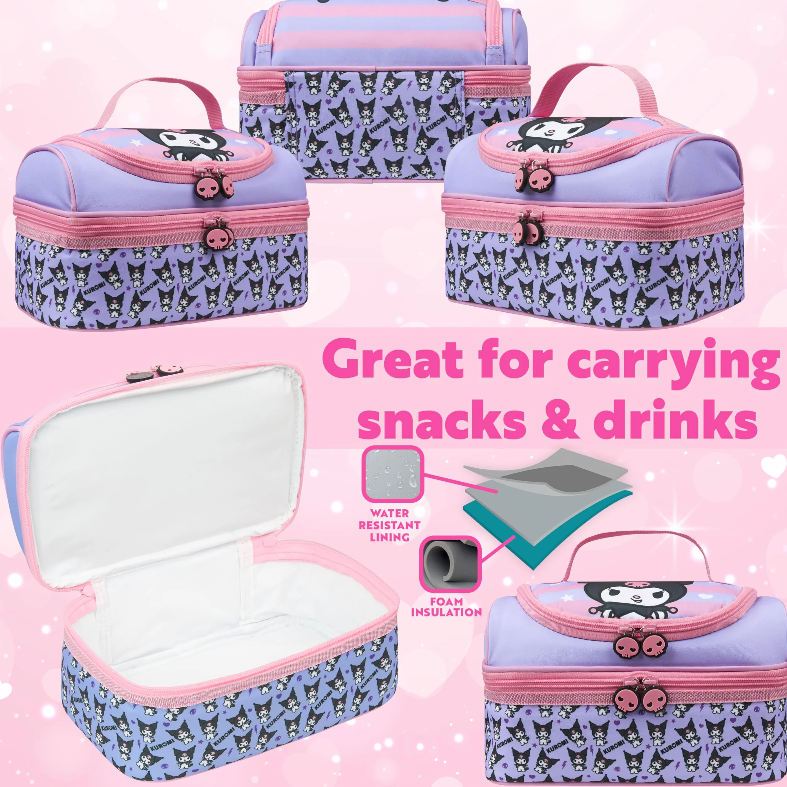 Hello Kitty Kuromi Kawaii Izolowana torba na lunch z przegródkami Anime Przekąski Nosiciel jedzenia do szkoły Piknik Torba chłodząca Multi Kuromi