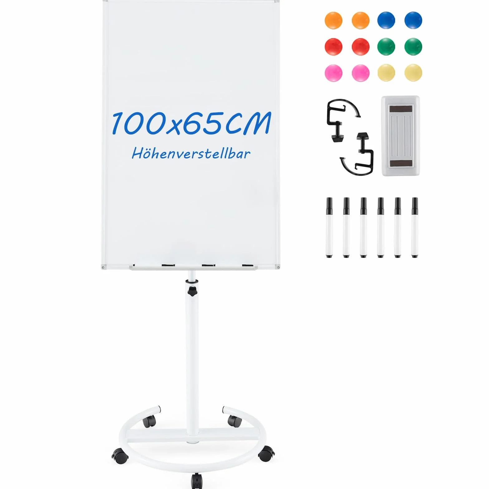 COSTWAY Stojak na flipchart, 100 x 65 cm, przenośna tablica suchościeralna na kółkach, z regulacją wysokości do 192 cm, suchościeralna, magnetyczna, z okrągłym stojakiem, magnesami, markerami i