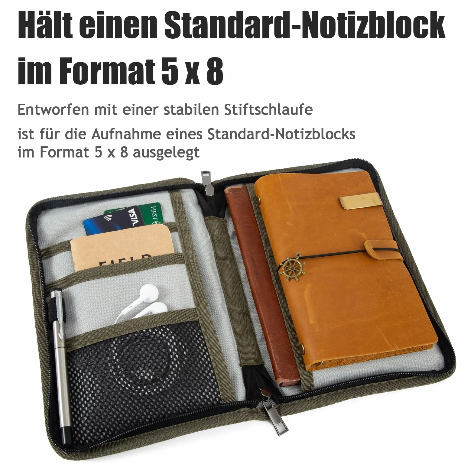 Klasyczne woskowane płótno, zamek błyskawiczny, okładka, kieszeń na pamiętnik, etui na notatniki polowe, wodoodporną osłonę Moleskine Cahier 5 x 8, wieża A5 (zieleń wojskowa)