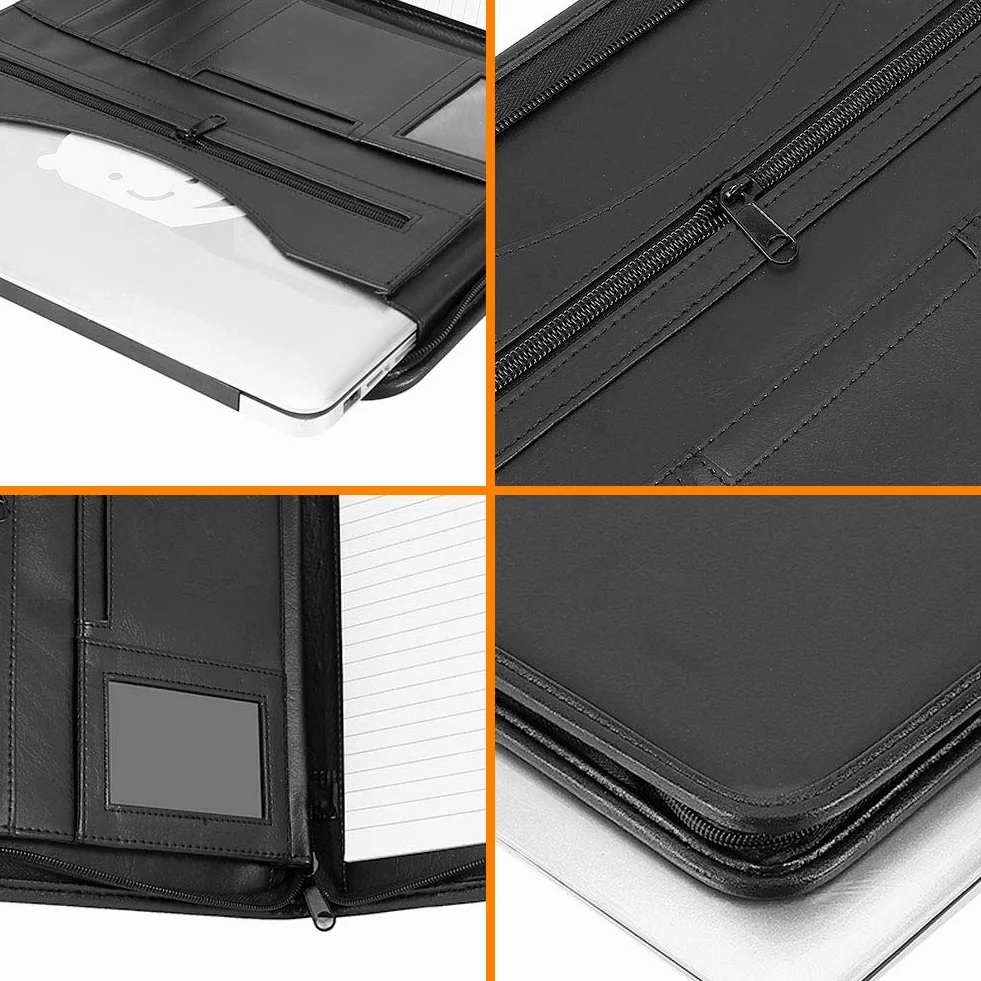 Greensen A4 Konferenzmappe PU Leder Schreibmappe Schwarz Dokumenten-Tasche mit Reißverschluss Schreibblock mit Fächern Dokumentenmappe Idealer Dokumenten Organizer