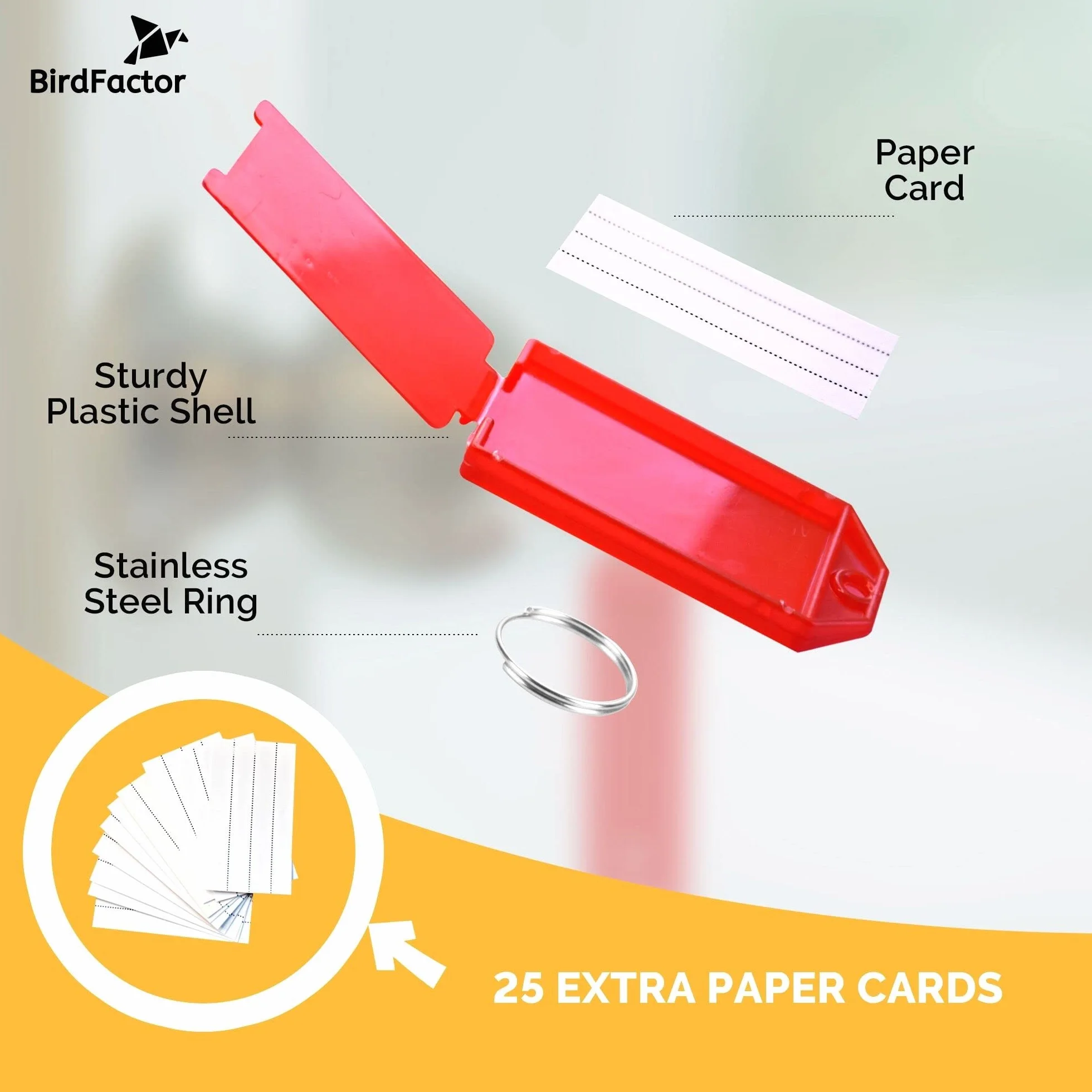 BirdFactor 25 sztuk wytrzymałych zawieszek na klucze z etykietami – 5 kolorów, plastikowe pudełko z dodatkowymi etykietami papierowymi, brelokami i brelokami z dzielonymi pierścieniami na klucze,