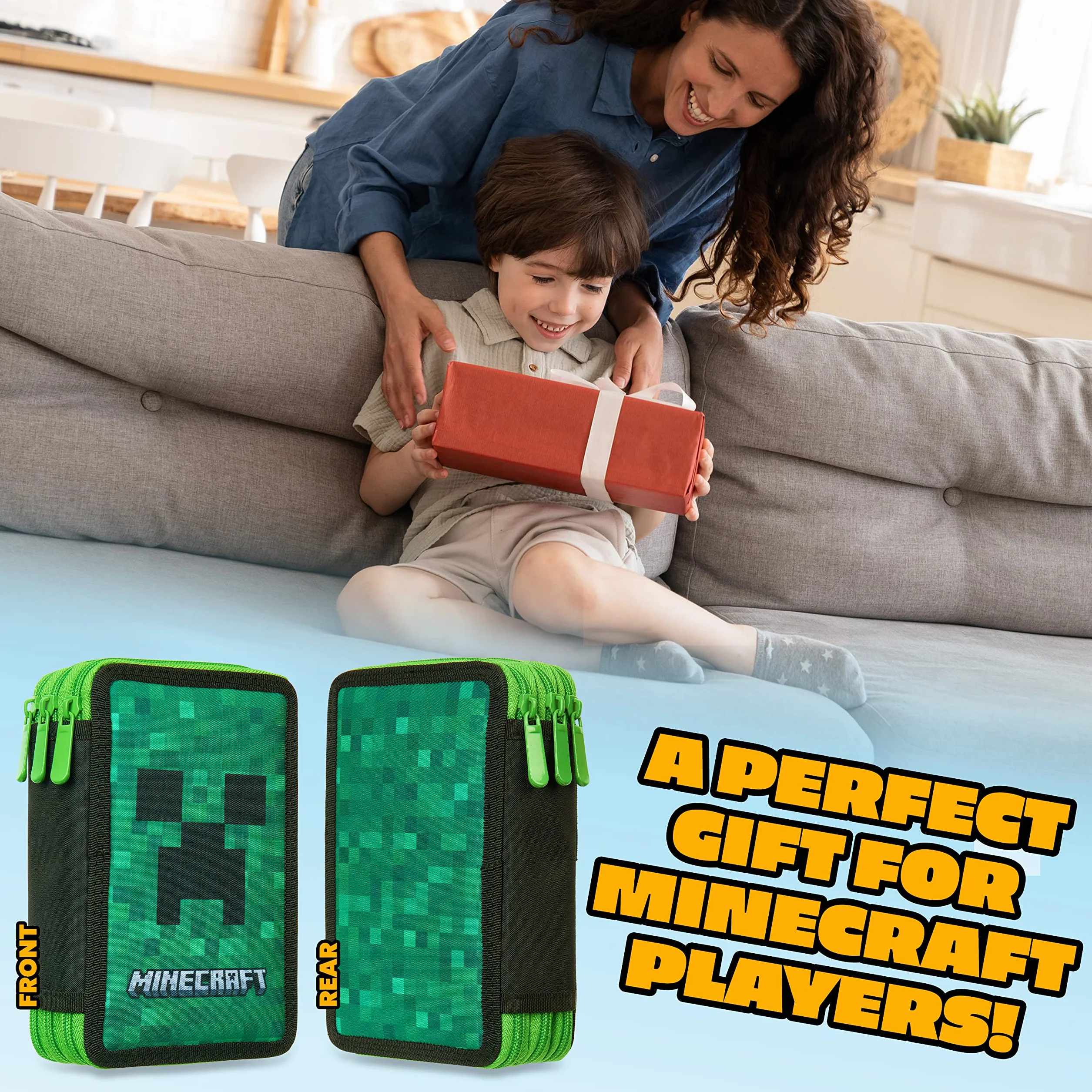 Minecraft Wypełniony piórnik dla dzieci z wieloma przegródkami, w zestawie artykuły papiernicze - przybory szkolne (zielony pnącze)