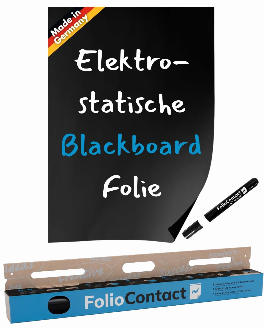Blackboard: elektrostatyczna folia tablicowa – przywiera do prawie wszystkich powierzchni bez użycia środków pomocniczych