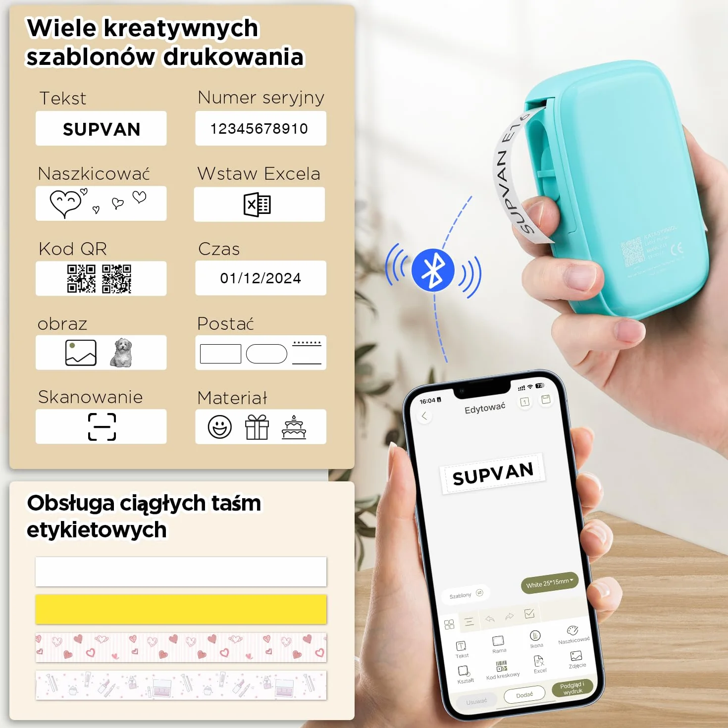 SUPVAN E16 Bluetooth Drukarka Etykiet z 1 rolką 15 mm x 6 m etykiet, Katasymbol Drukarka Samoprzylepnych do systemów iOS i Android, Cyjan