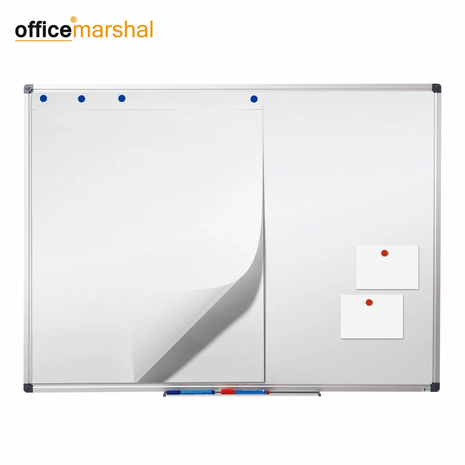 OfficeMarshal Magnetyczna tablica suchościeralna, 200 x 100 cm, z aluminiową ramą i zdejmowaną półką na długopisy do biura, domu i szkoły, odporna na zarysowania i wycieranie na sucho, tablica