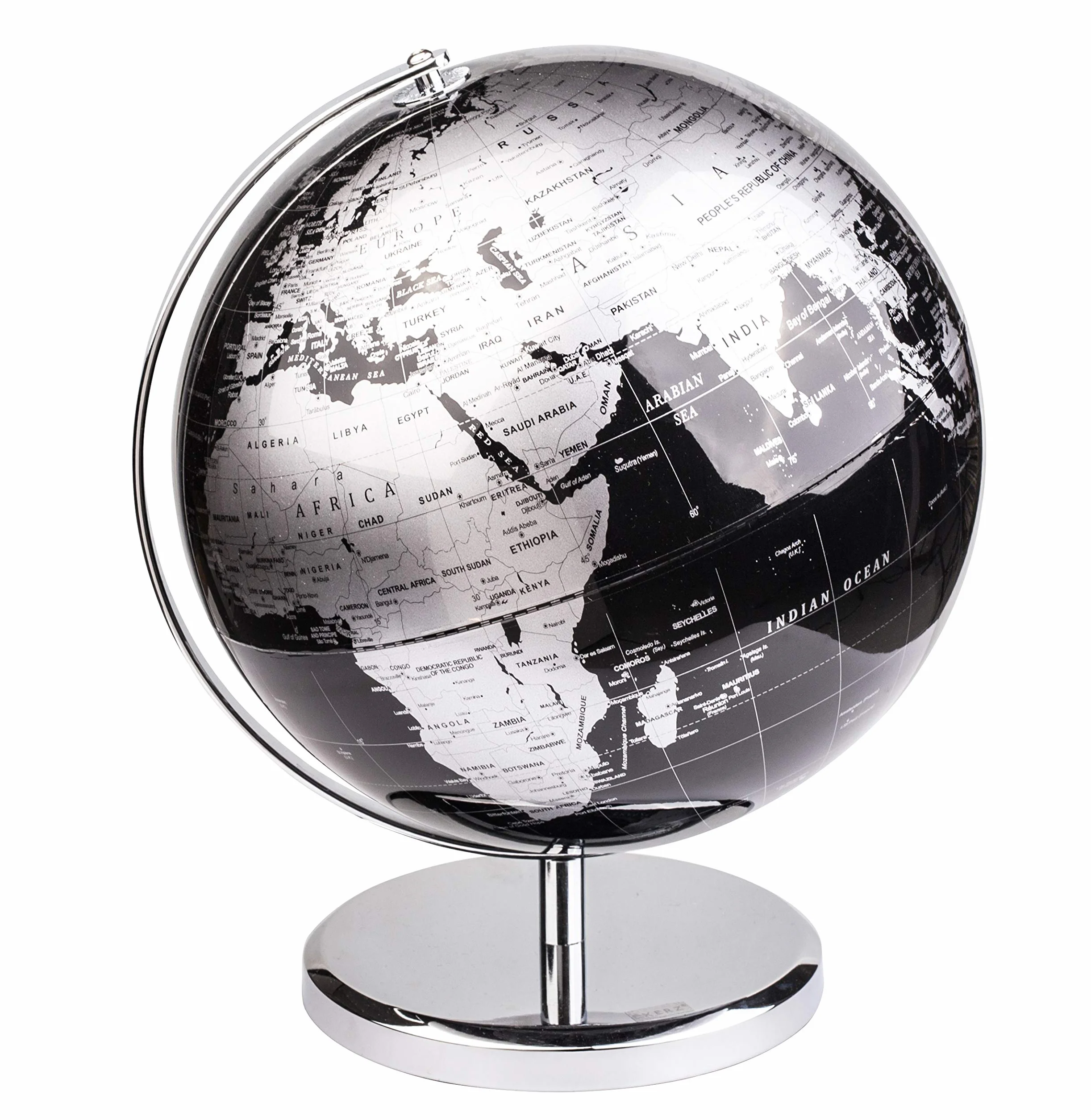 Globus światowy 25 cm z metalową podstawą - edukacyjny geograficzny globus Ziemi, metaliczny czarny