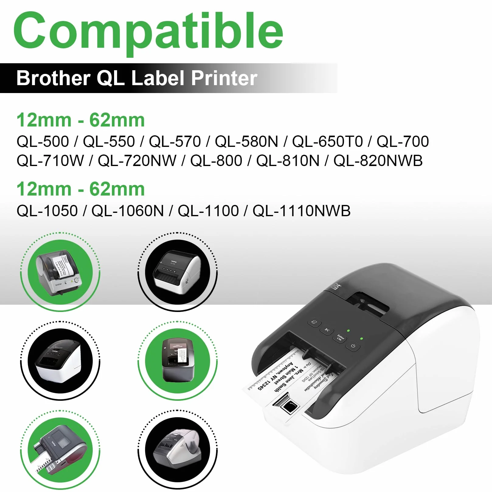 Veson 8 rolek białych etykiet niekończących się Brother 62 mm x 15,24 m do P-Touch QL-500 570 600 700 710W 720