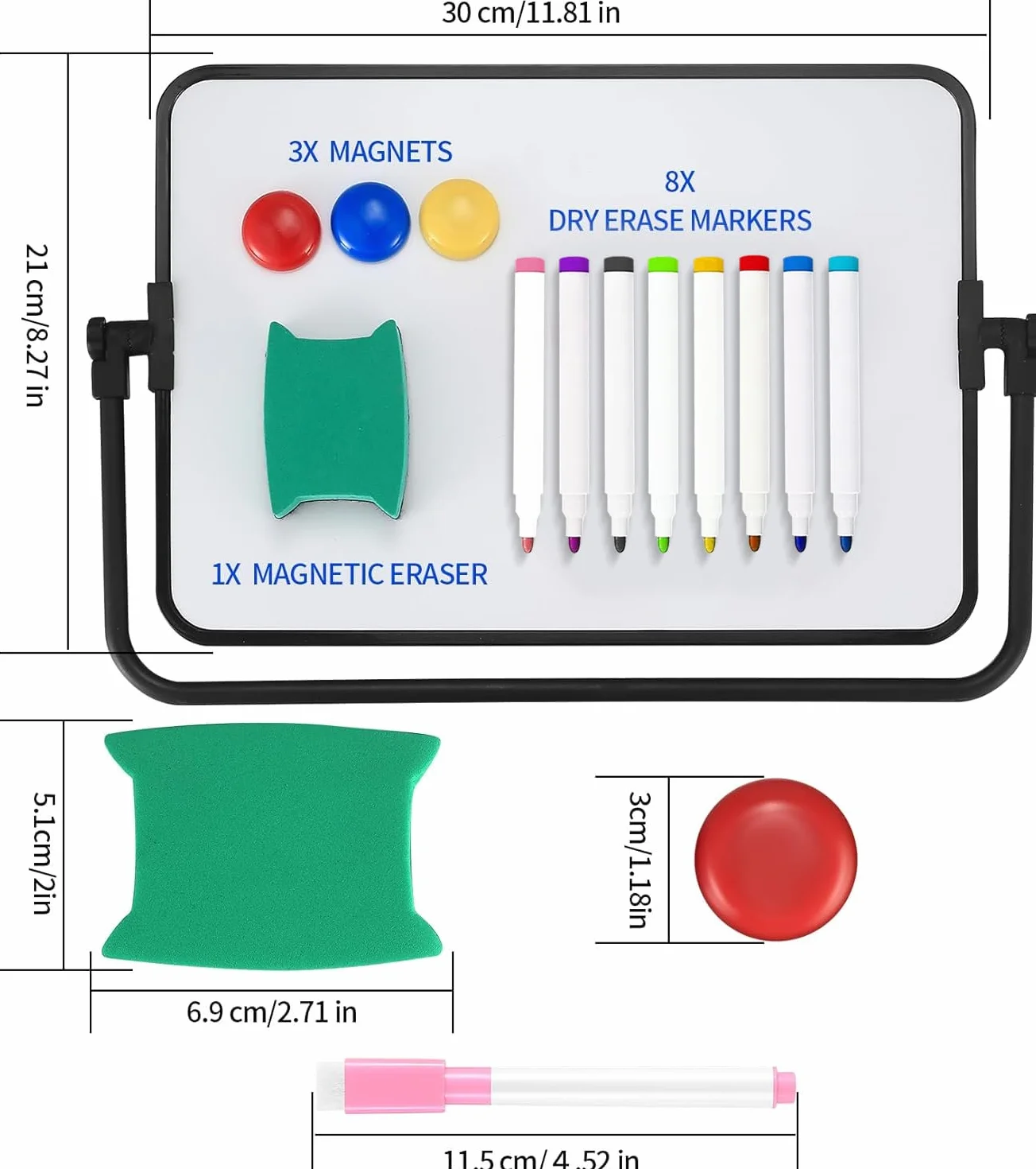 Tablica suchościeralna, mała, dwustronna tablica suchościeralna, suchościeralna, format A4, tablica magnetyczna, z suchościeralnymi pisakami, gumka do ścierania, magnesy, 30 x 21 cm