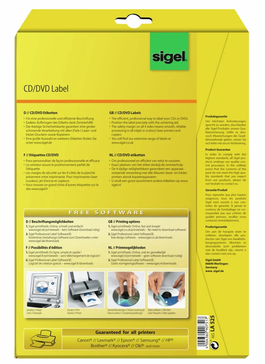 SIGEL LA525 etykiety na płyty CD/DVD białe, nieprzezroczyste, 50 etykiet = 25 arkuszy, z pomocą centrowania, ClassicSize 41 mm otwór wewnętrzny