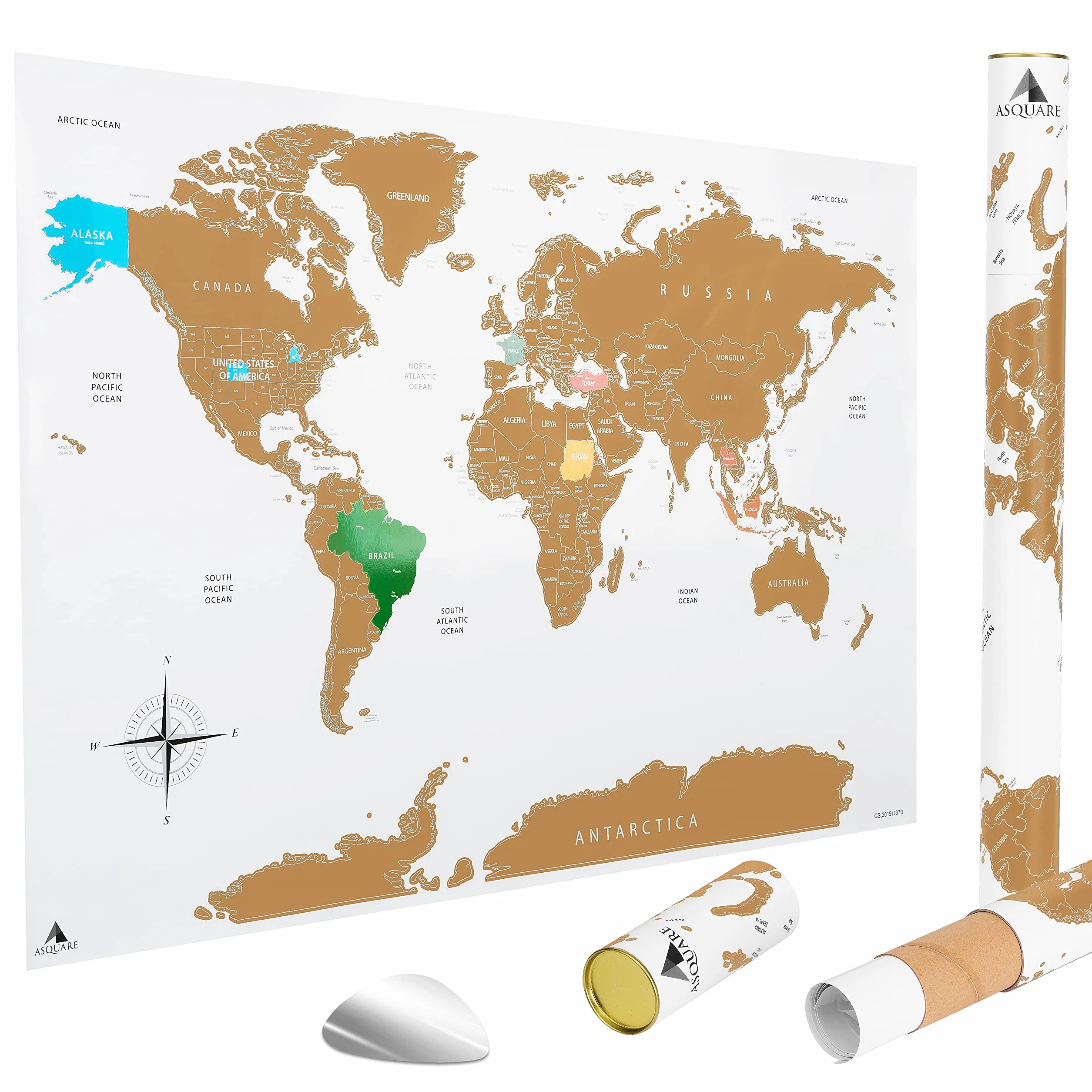 Wysokiej jakości mapa świata do zdrapywania 84 x 58 cm – plakat XXL, z chipem do zdrapywania, złota i biała Scratch Off Map (język angielski)