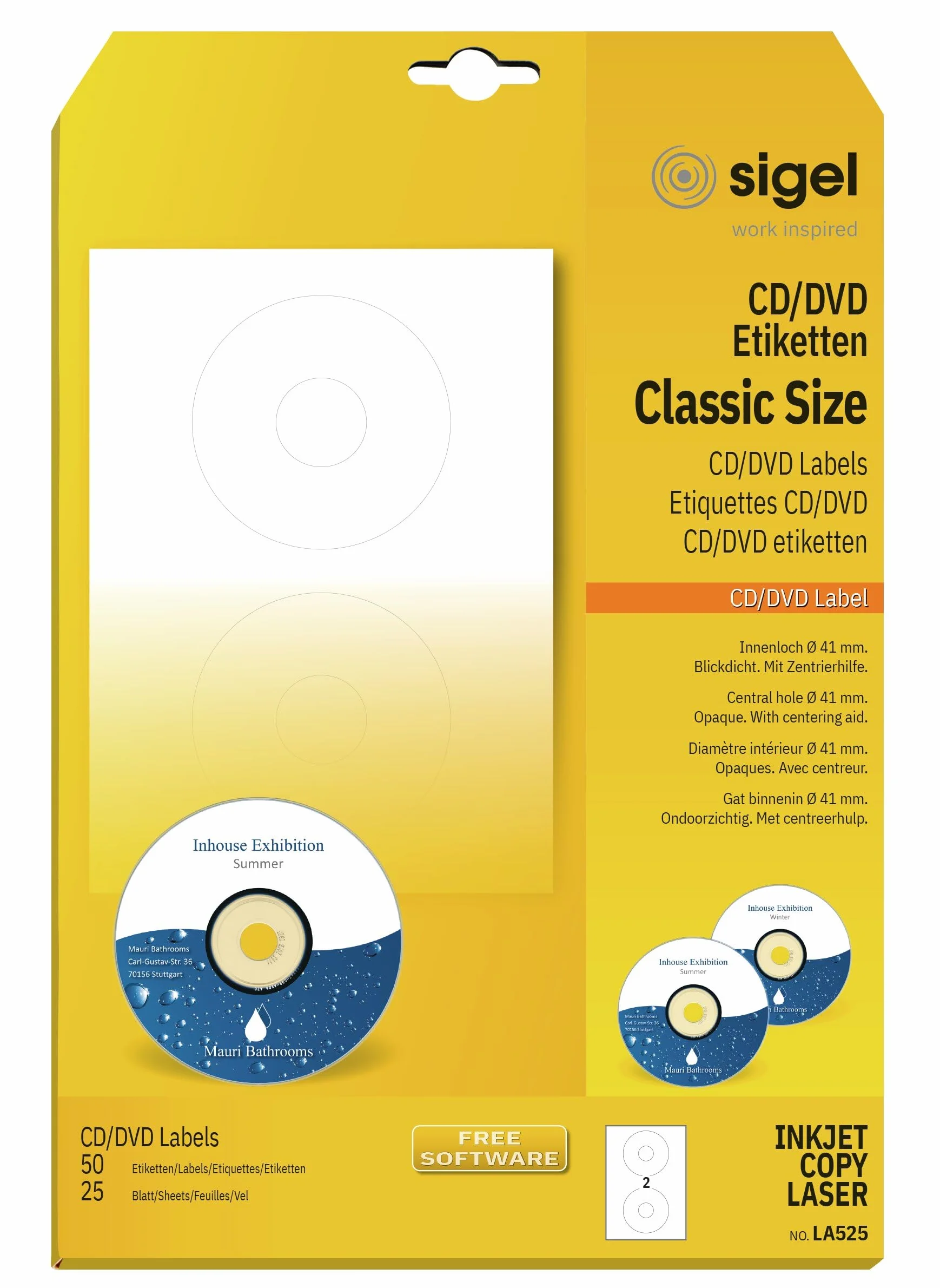 SIGEL LA525 etykiety na płyty CD/DVD białe, nieprzezroczyste, 50 etykiet = 25 arkuszy, z pomocą centrowania, ClassicSize 41 mm otwór wewnętrzny