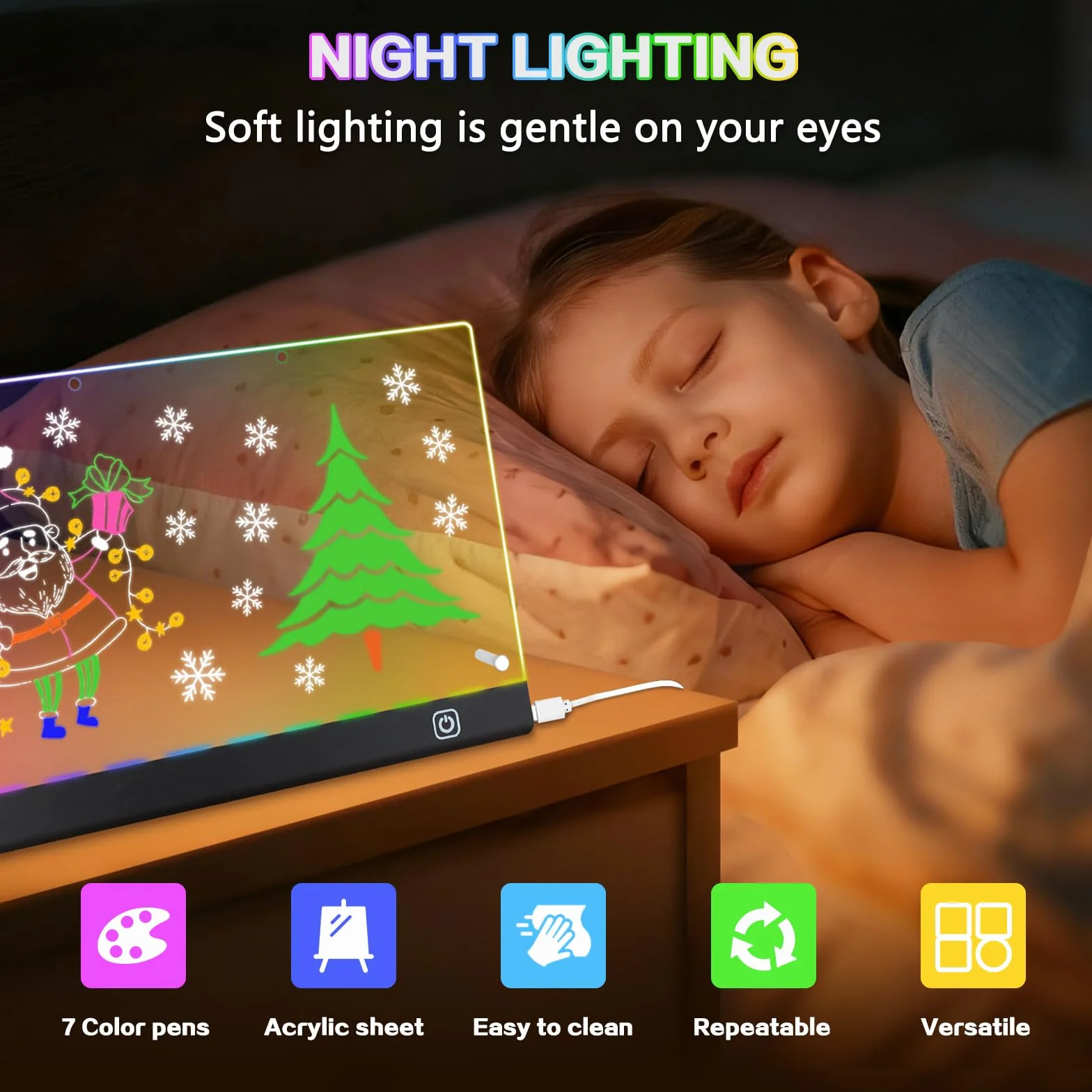 Tablica LED na notatki z farbami, akrylowa tablica na notatki z 7 kolorowymi pisakami, z regulowanym stojakiem, przezroczysta, świecąca tablica LED (30 x 20 cm)