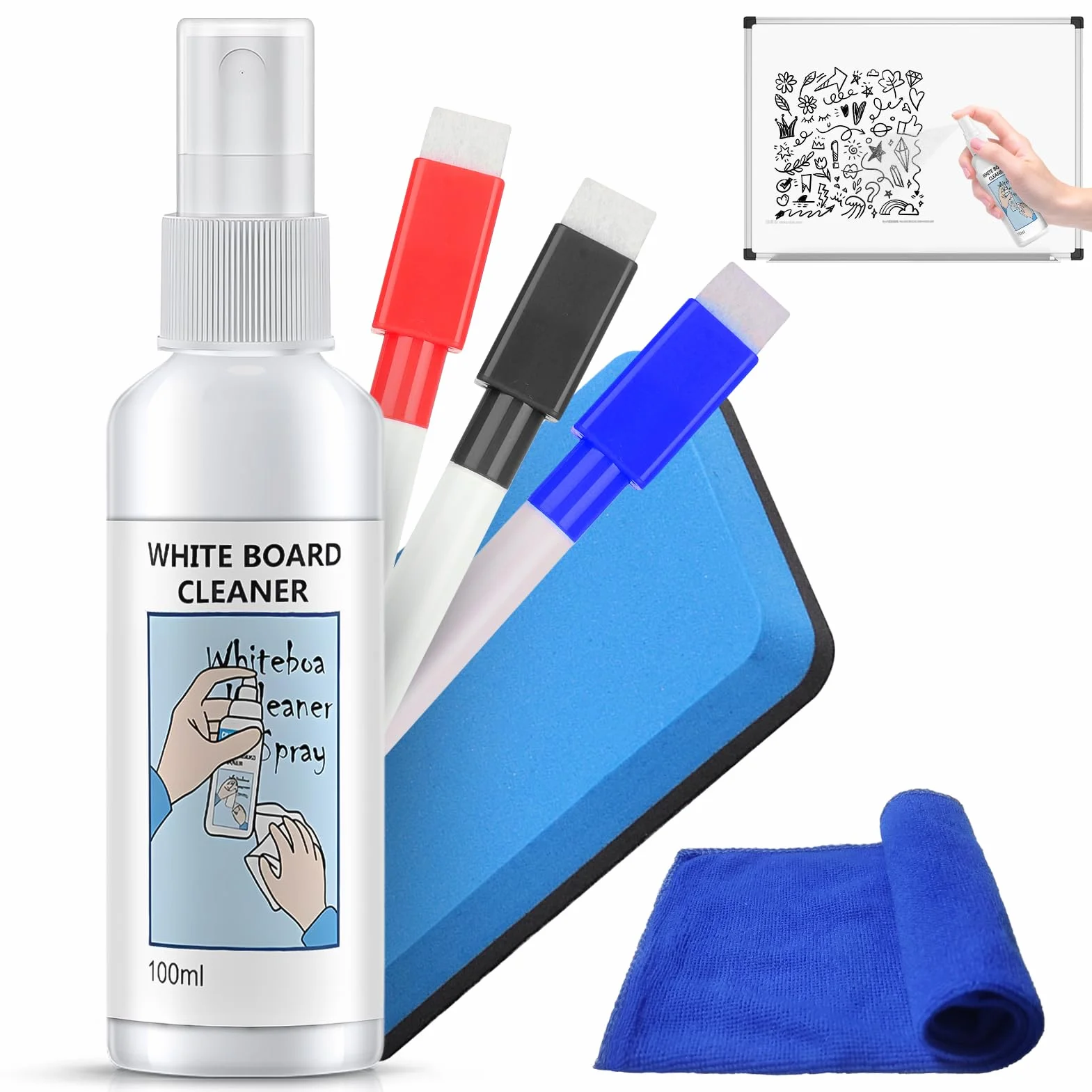 Spray do czyszczenia tablic białych Whiteboard Cleaner z magnetyczną tablicą i 3 markerami