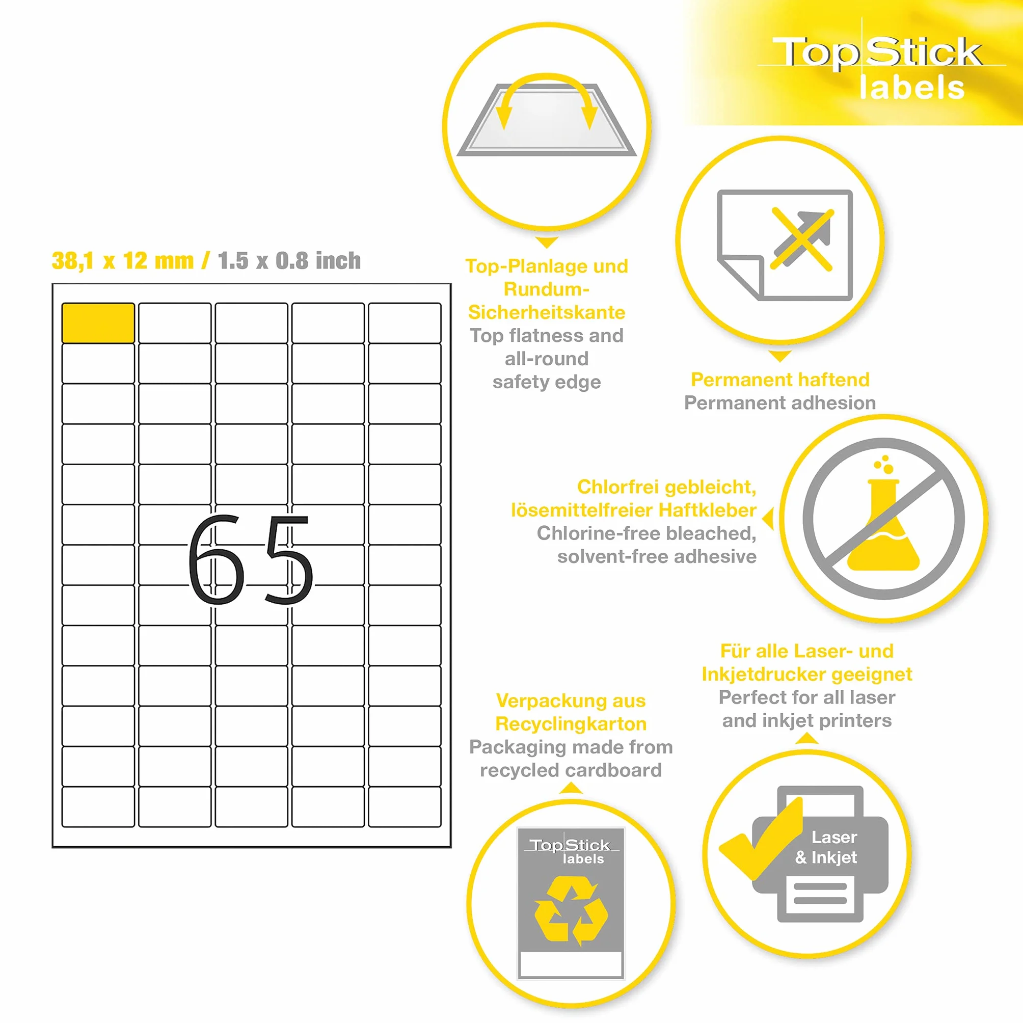 TopStick 8781 naklejki adresowe DIN A4 (38,1 x 21,2 mm, 100 arkuszy, papier, matowy) samoprzylepne, do zadrukowania, trwałe etykiety uniwersalne, 6500 etykiet samoprzylepnych, białe