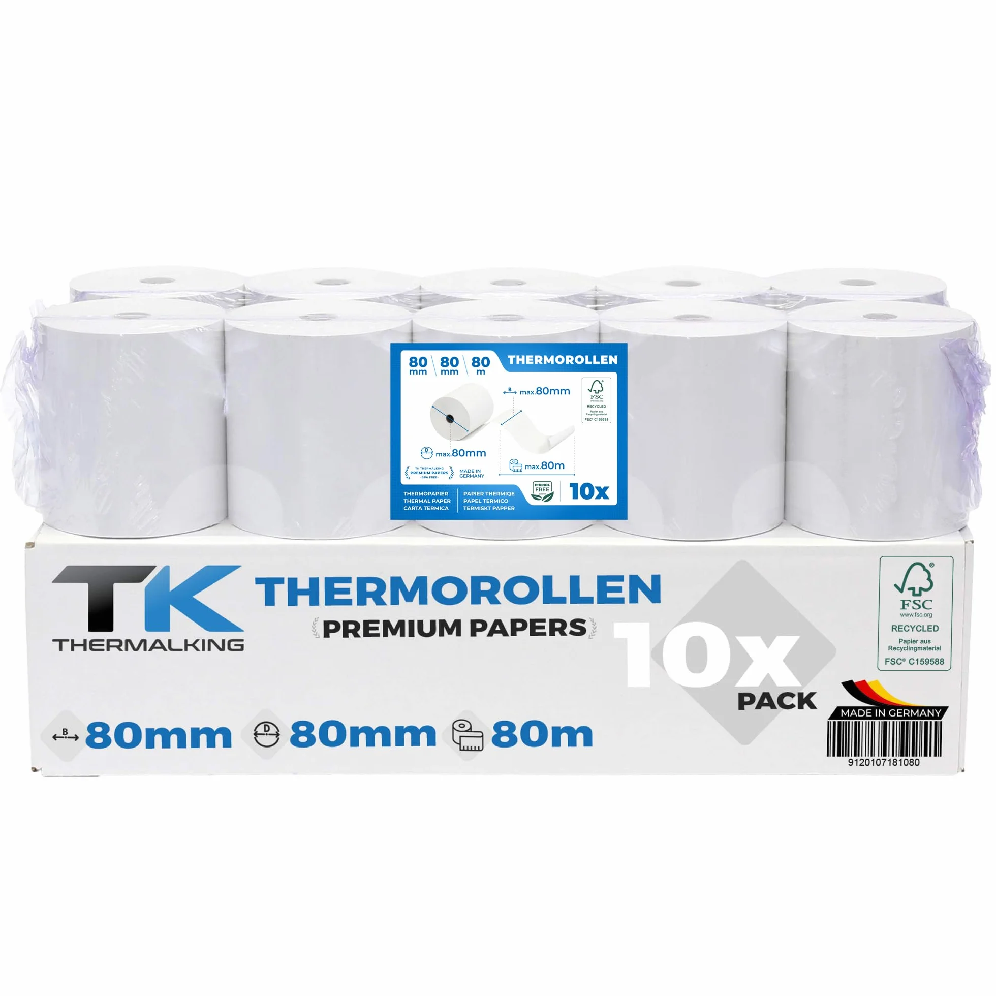 Opakowanie 10 rolek termicznych premium 80mm x 80mm x 12mm - rolki paragonowe z papieru termicznego (80 80 12) - certyfikowane do drukarek kasowych takich jak IBM, Metapace i wielu innych.