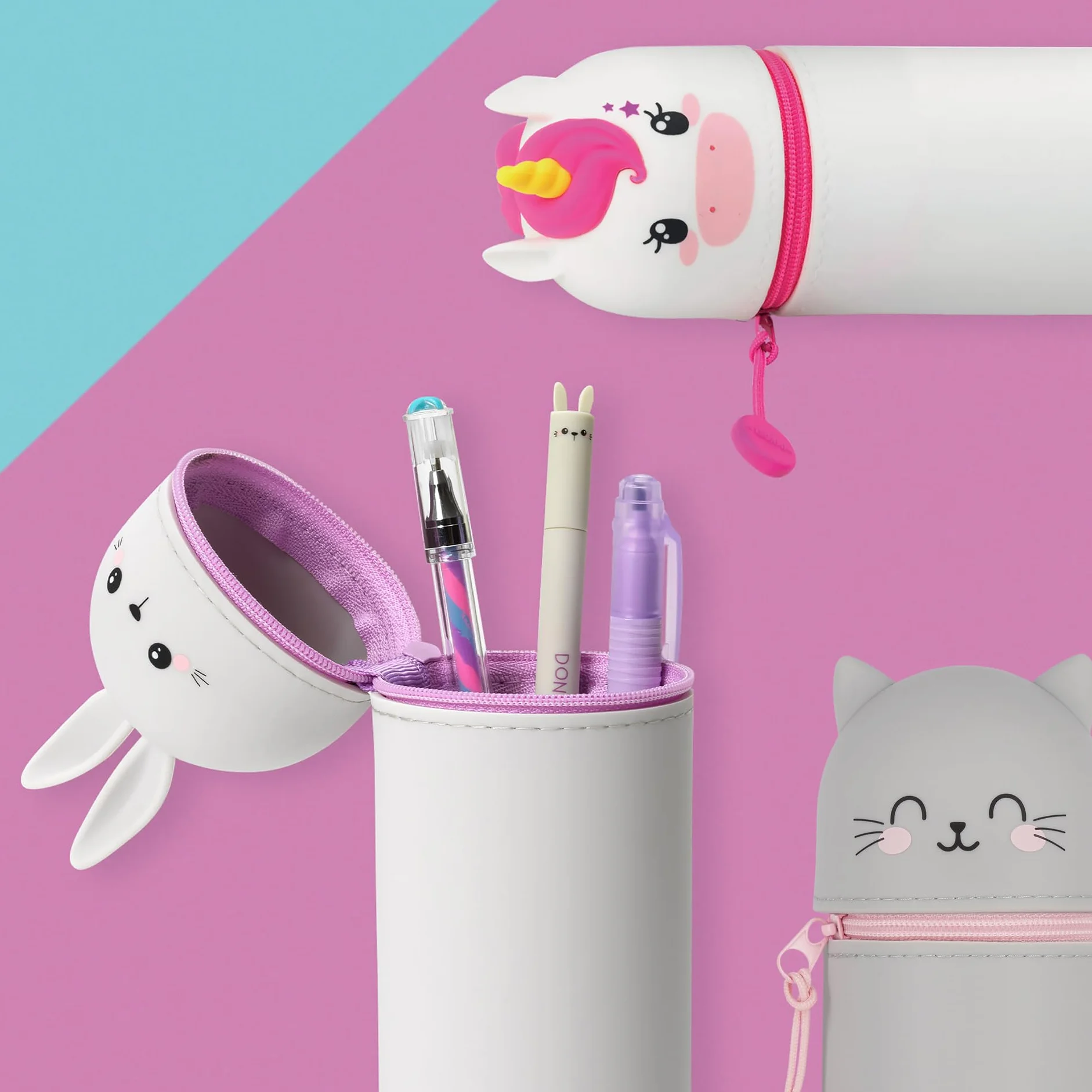 Legami - Piórnik 2 w 1 z miękkiego silikonu, Kawaii, uchwyt na długopisy, z zamkiem błyskawicznym, Ø 6,3 cm, szary, nowoczesny, szary, Nowoczesny