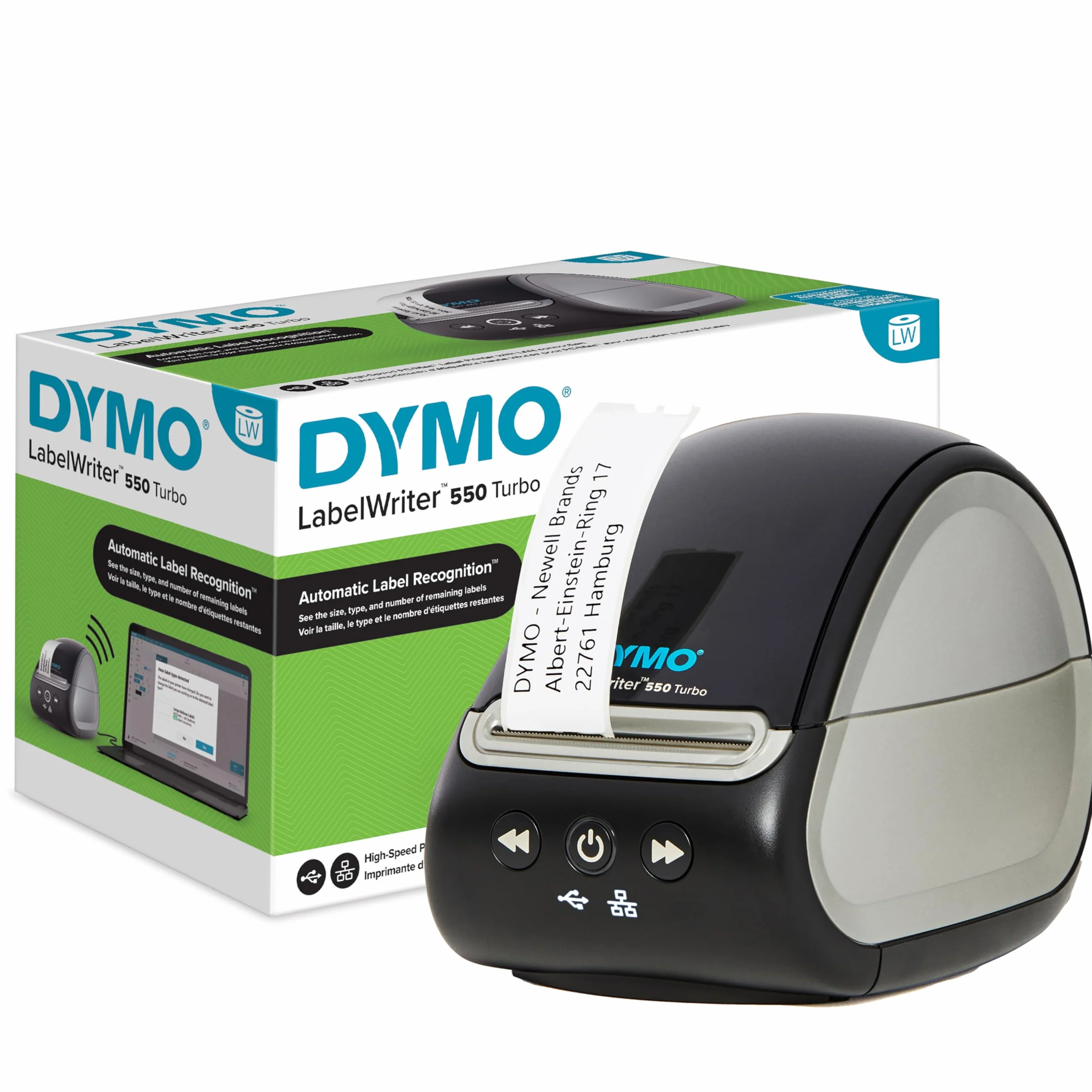 DYMO LabelWriter 550 Turbo Label Printer | Drukarka etykiet z szybkim bezpośrednim drukiem termicznym | Drukuje etykiety wysyłkowe i inne z łącznością USB/LAN | Wtyczka 2-pinowa UE
